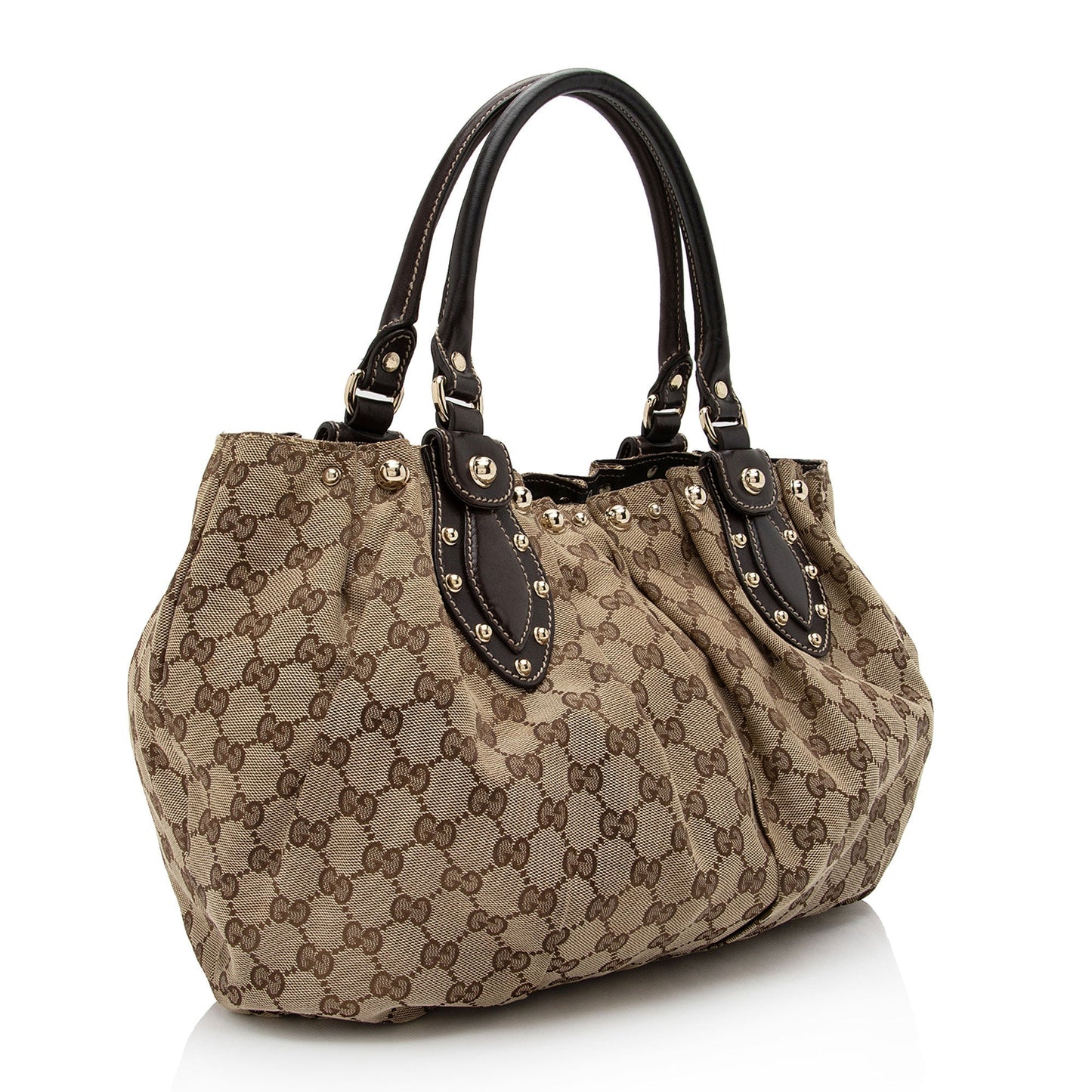 Gucci GG Studded Pelham SHF-YGNY3j Leather Canvas Brown Beige Tote Bag