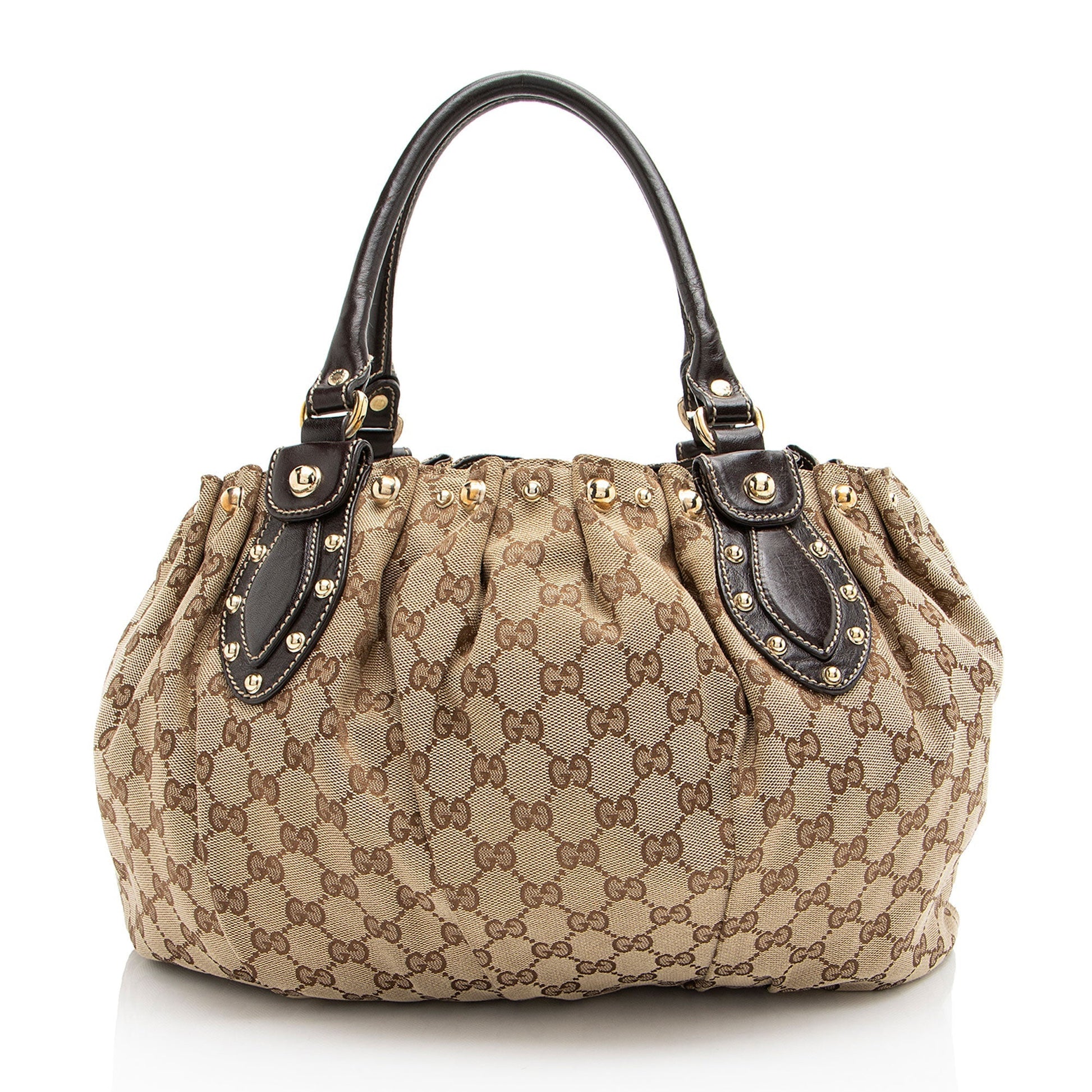 Gucci GG Studded Pelham Leather Canvas Brown Beige Tote Bag