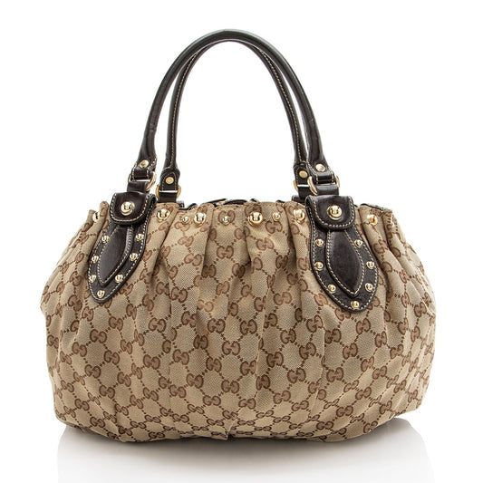 Gucci GG Studded Pelham Leather Canvas Brown Beige Tote Bag