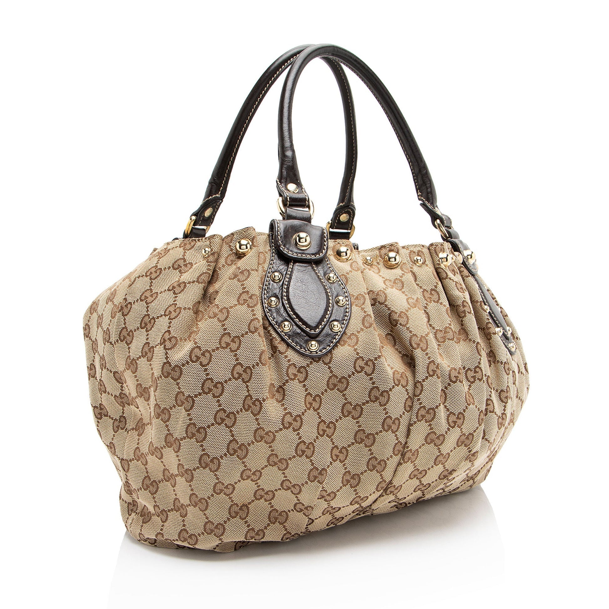 Gucci GG Studded Pelham Leather Canvas Brown Beige Tote Bag
