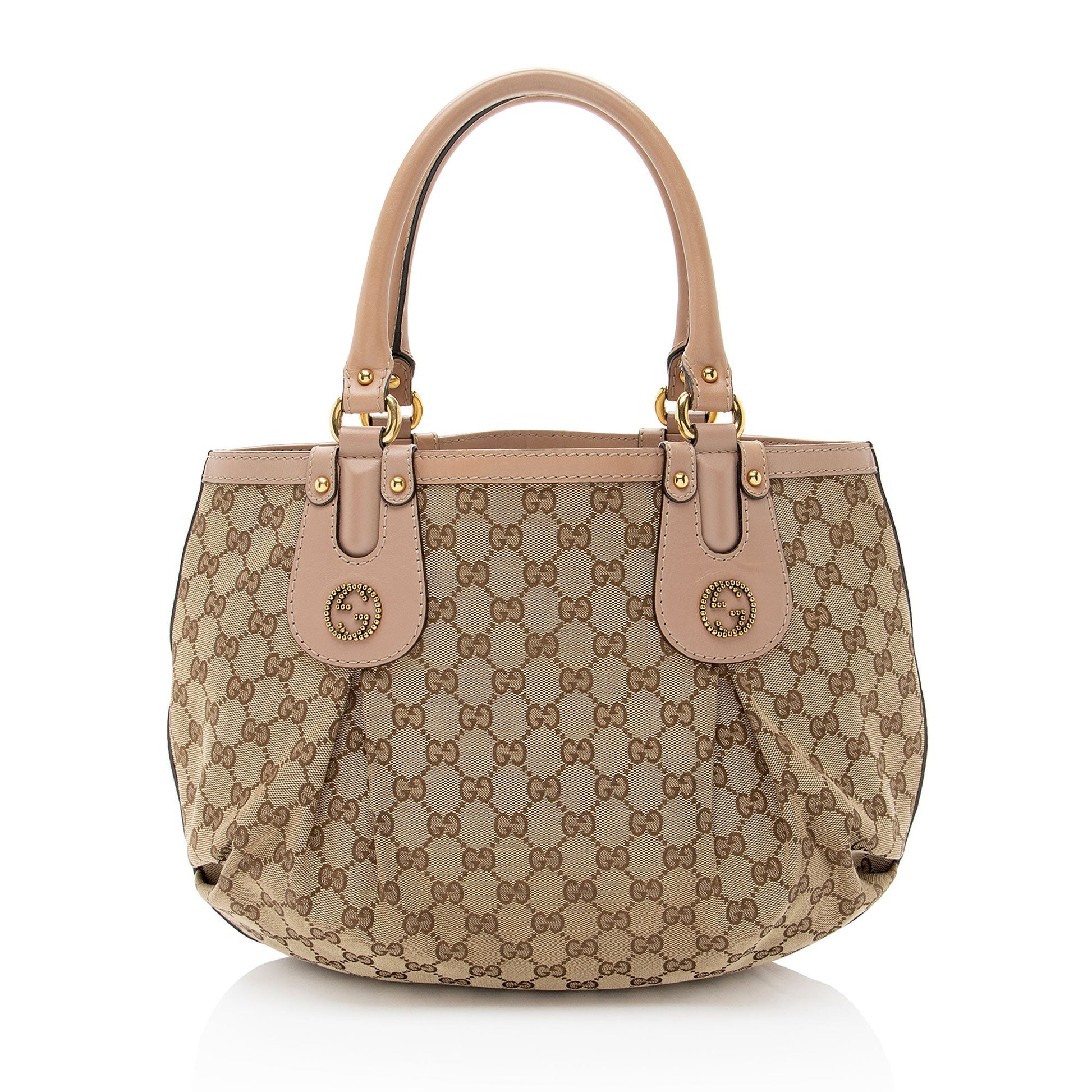 Gucci GG Studded Scarlett Leather Canvas Brown Pink Tote Bag