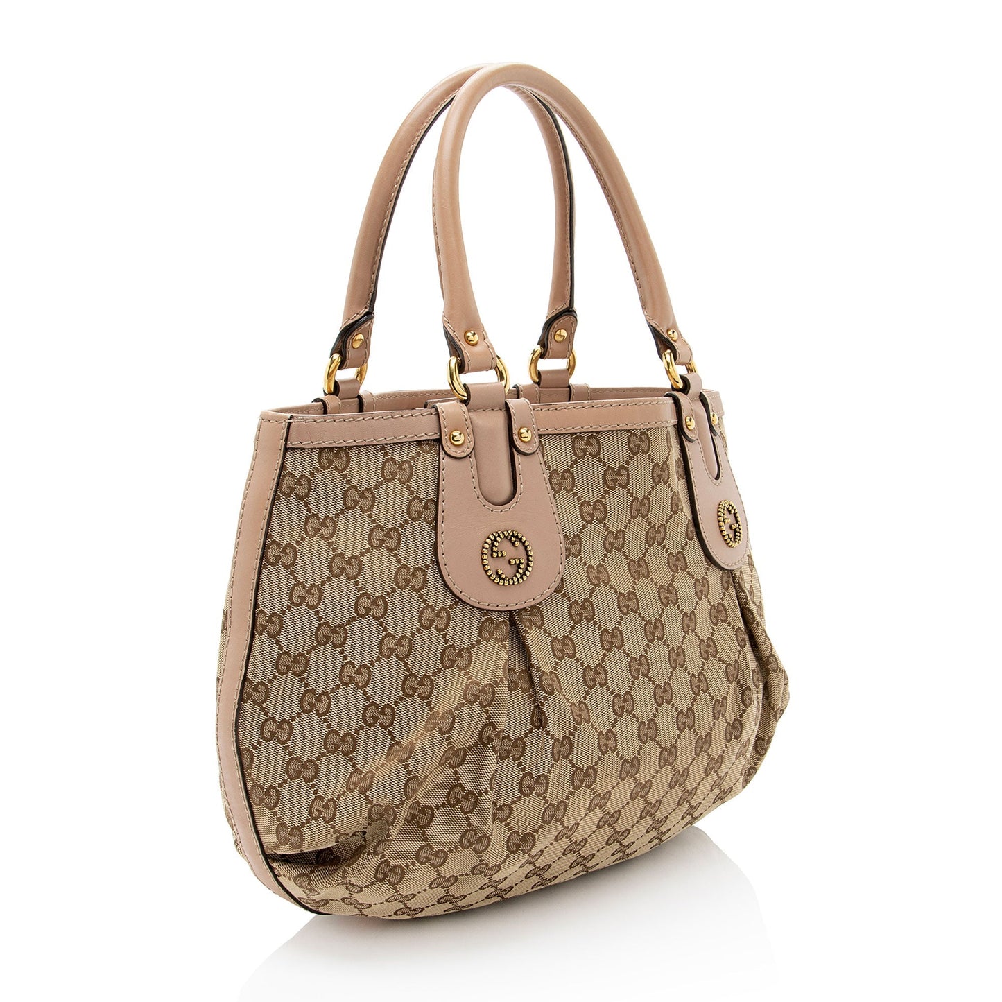Gucci GG Studded Scarlett Leather Canvas Brown Pink Tote Bag
