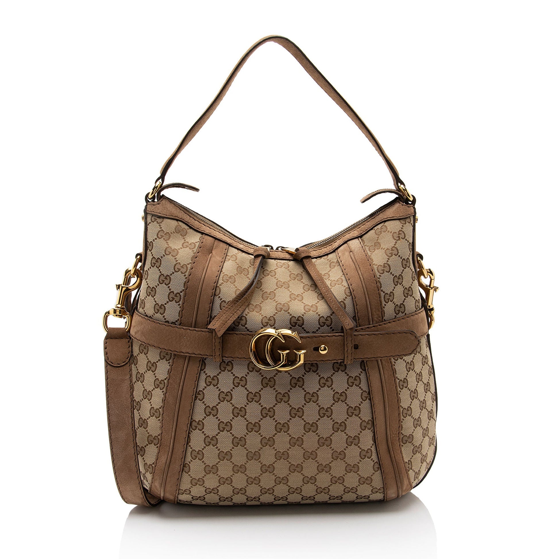 Gucci GG Running SHF-FV9sin Canvas Suede Brown Beige Shoulder Bag