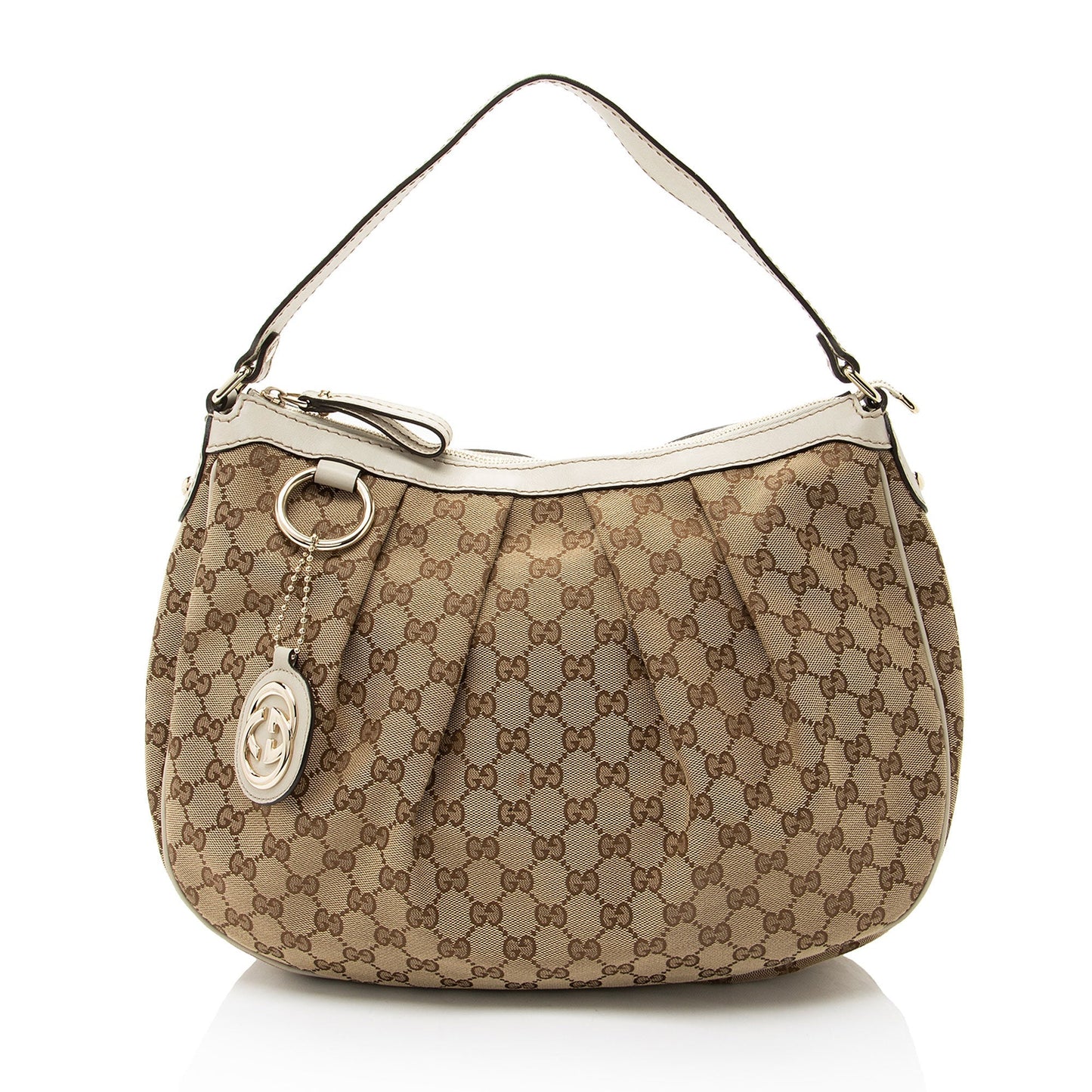 Gucci GG Sukey Leather Canvas White Beige Shoulder Bag