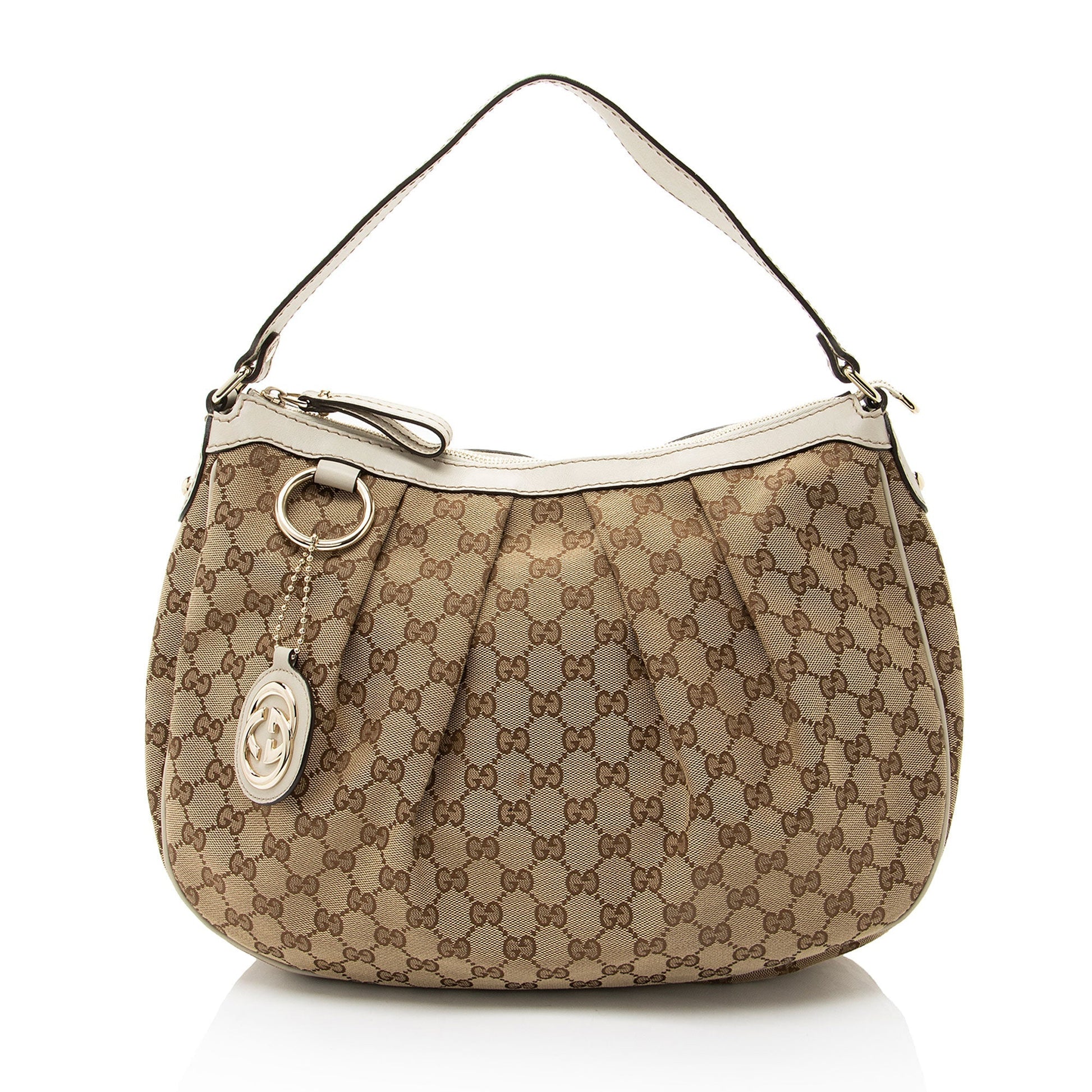 Gucci GG Sukey Leather Canvas White Beige Shoulder Bag
