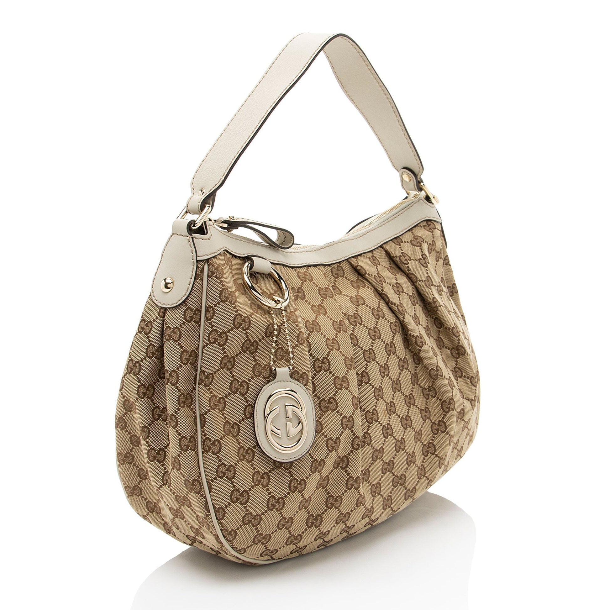 Gucci GG Sukey Leather Canvas White Beige Shoulder Bag
