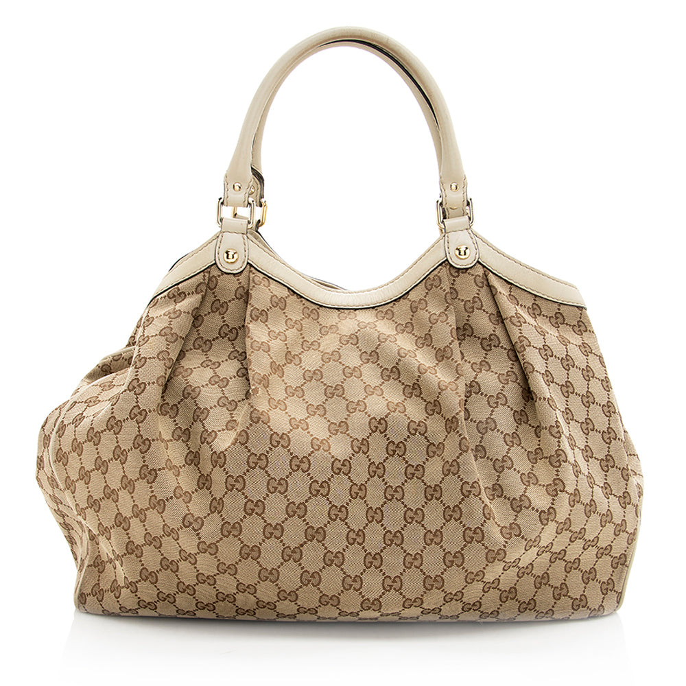 Gucci GG Sukey SHF Leather Canvas White Beige Tote Bag 4