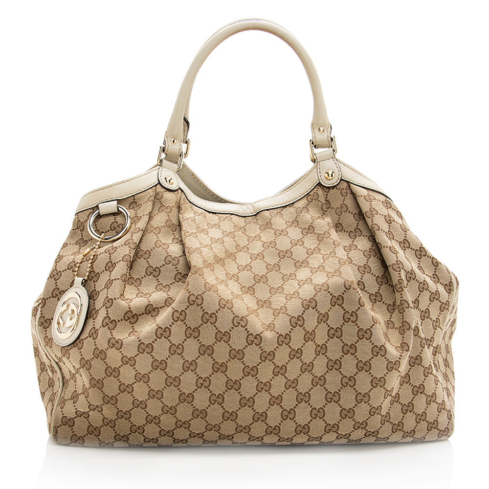 Gucci GG Sukey SHF Leather Canvas White Beige Tote Bag 4