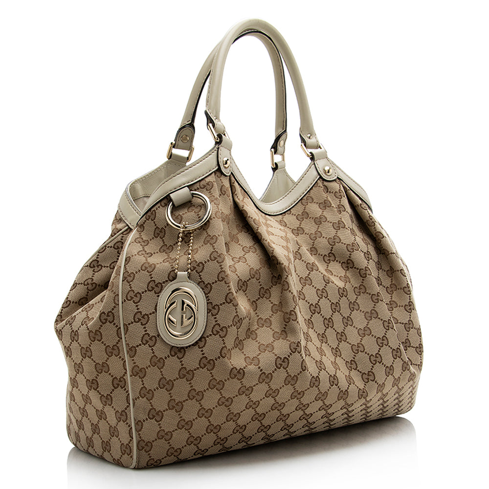Gucci GG Sukey SHF Leather Canvas Beige Large Tote Bag
