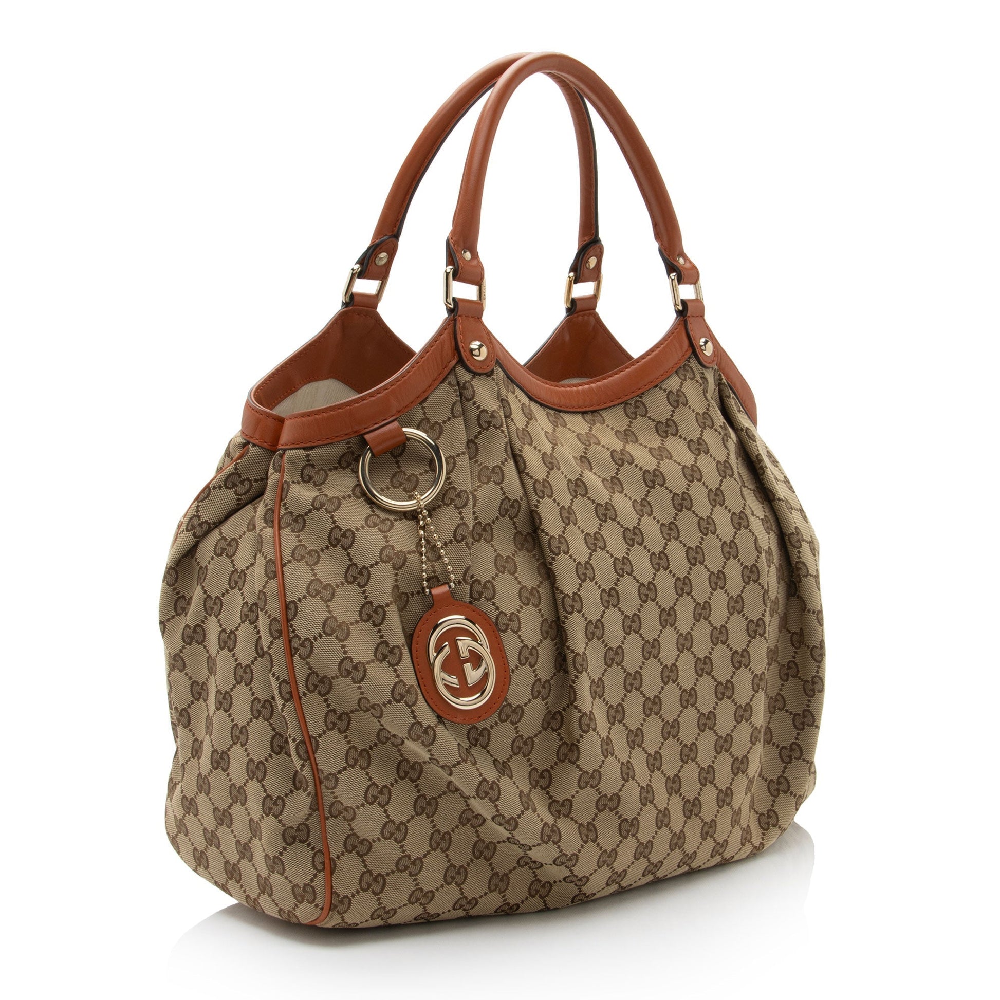 Gucci GG Sukey SHF-mEkg0y Leather Canvas Beige Orange Tote Bag