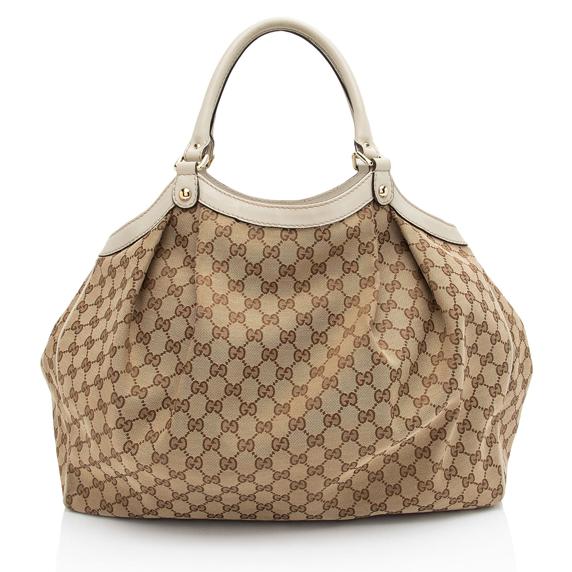 Gucci GG Sukey SHF-A7XQdb Leather Canvas White Beige Tote Bag