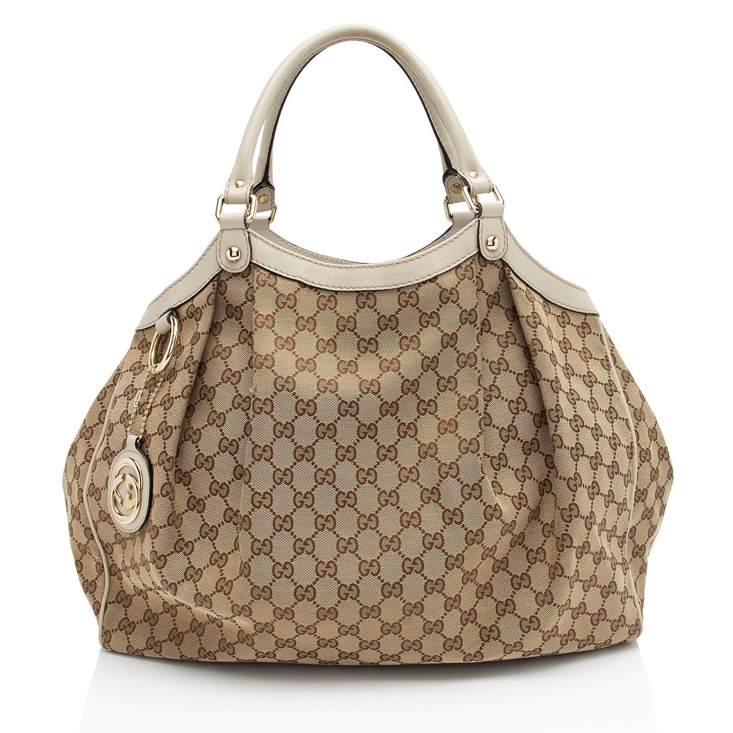 Gucci GG Sukey SHF-A7XQdb Leather Canvas White Beige Tote Bag