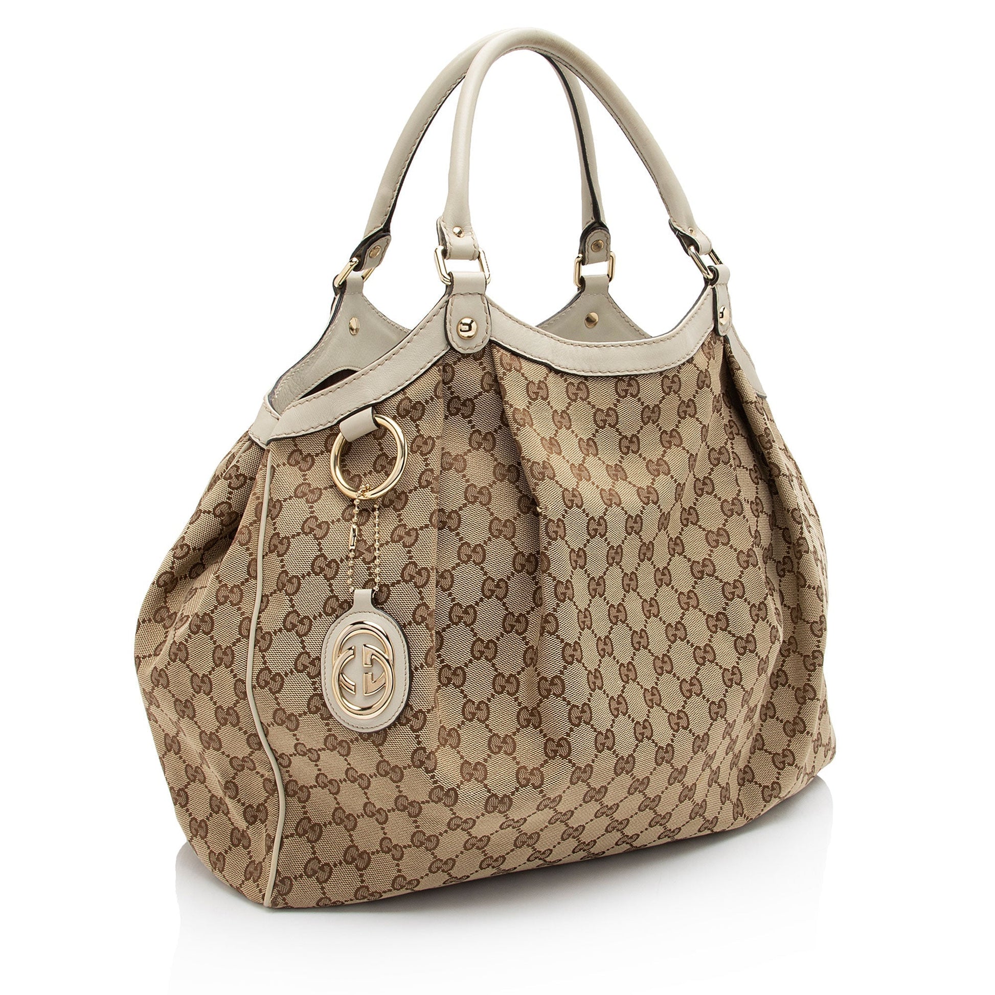 Gucci GG Sukey SHF-A7XQdb Leather Canvas White Beige Tote Bag