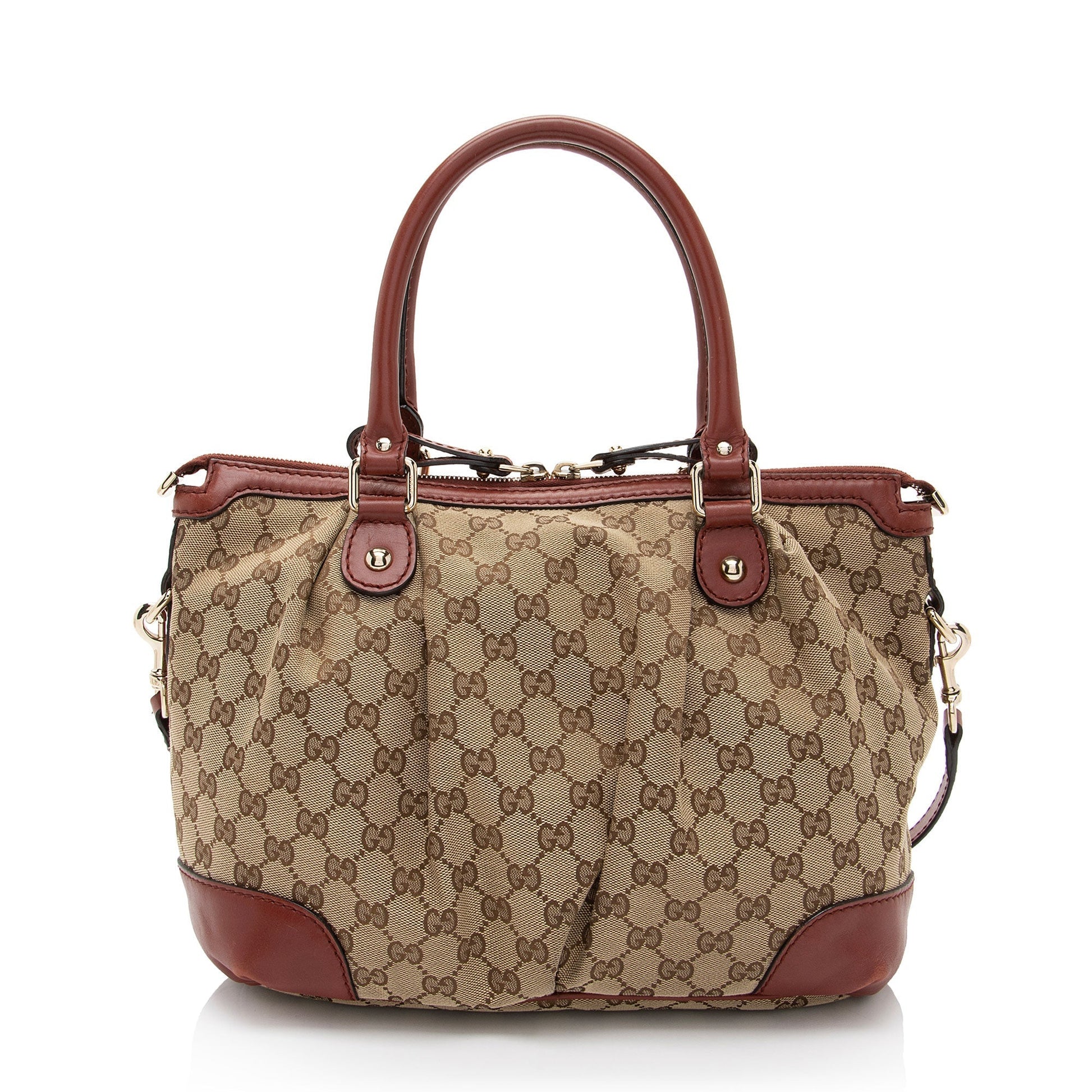 Gucci GG Sukey SHF-GRazNn Leather Canvas Beige Red Satchel Bag