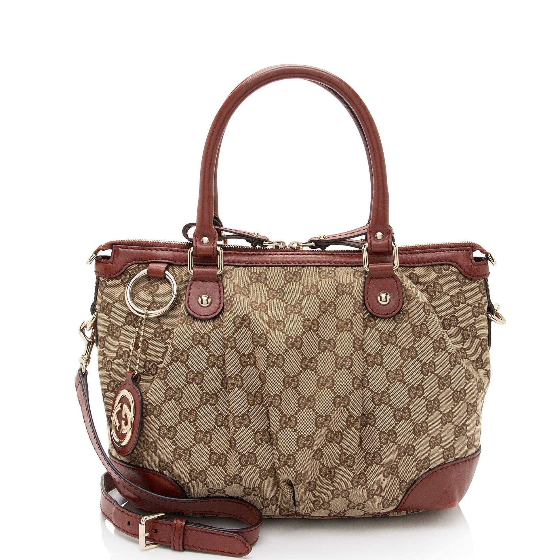 Gucci GG Sukey SHF-GRazNn Leather Canvas Beige Red Satchel Bag