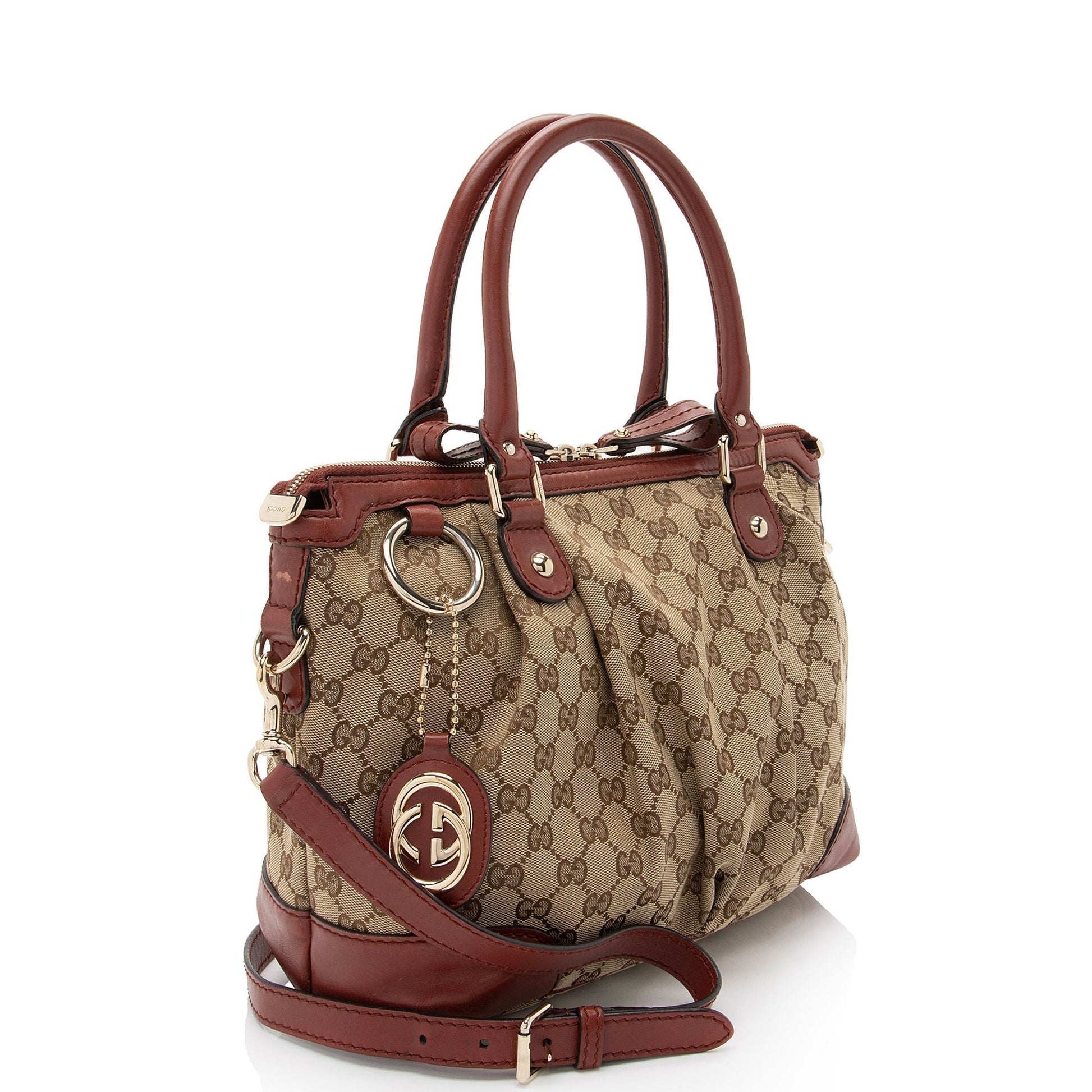Gucci GG Sukey SHF-GRazNn Leather Canvas Beige Red Satchel Bag