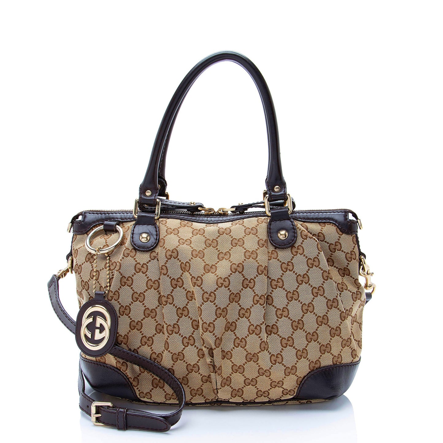 Gucci GG Sukey Leather Canvas Brown Beige Satchel Bag