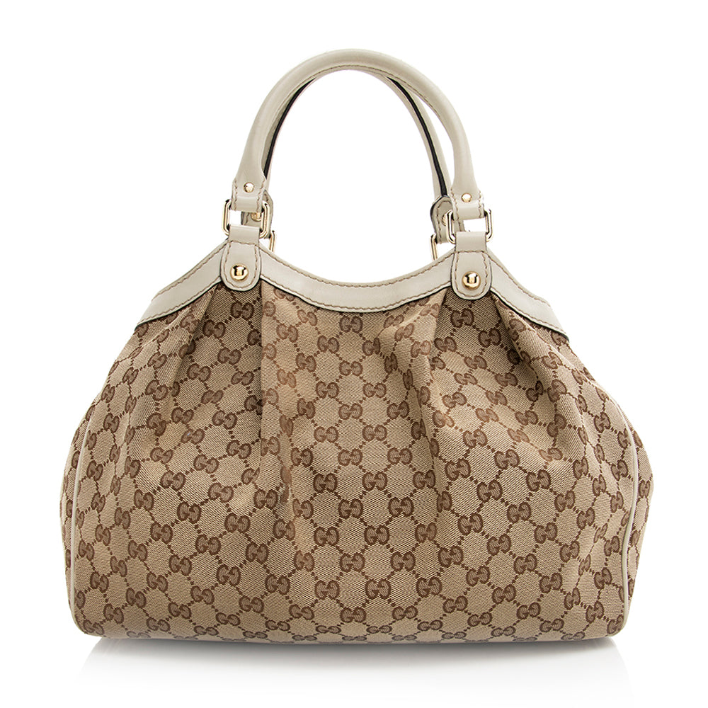 Gucci GG Sukey SHF Leather Canvas White Beige Tote Bag 5