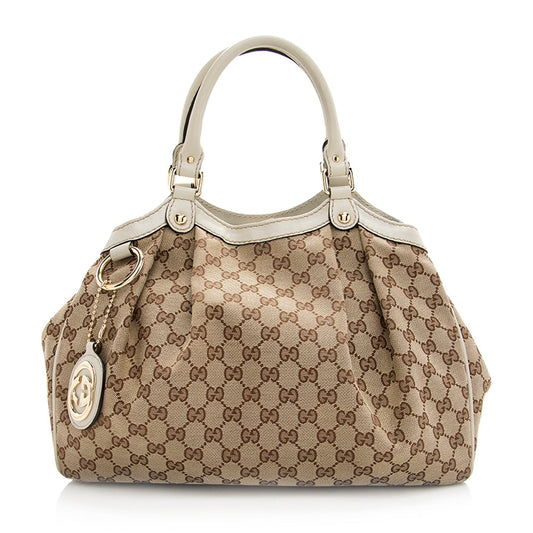 Gucci GG Sukey SHF Leather Canvas White Beige Tote Bag 5