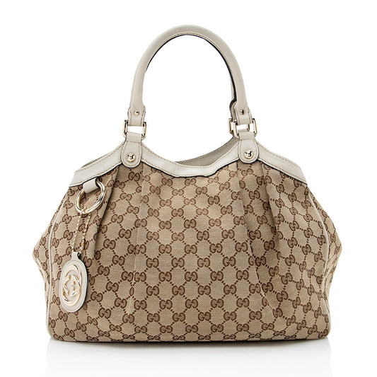 Gucci GG Sukey SHF Leather Canvas White Beige Tote Bag 6