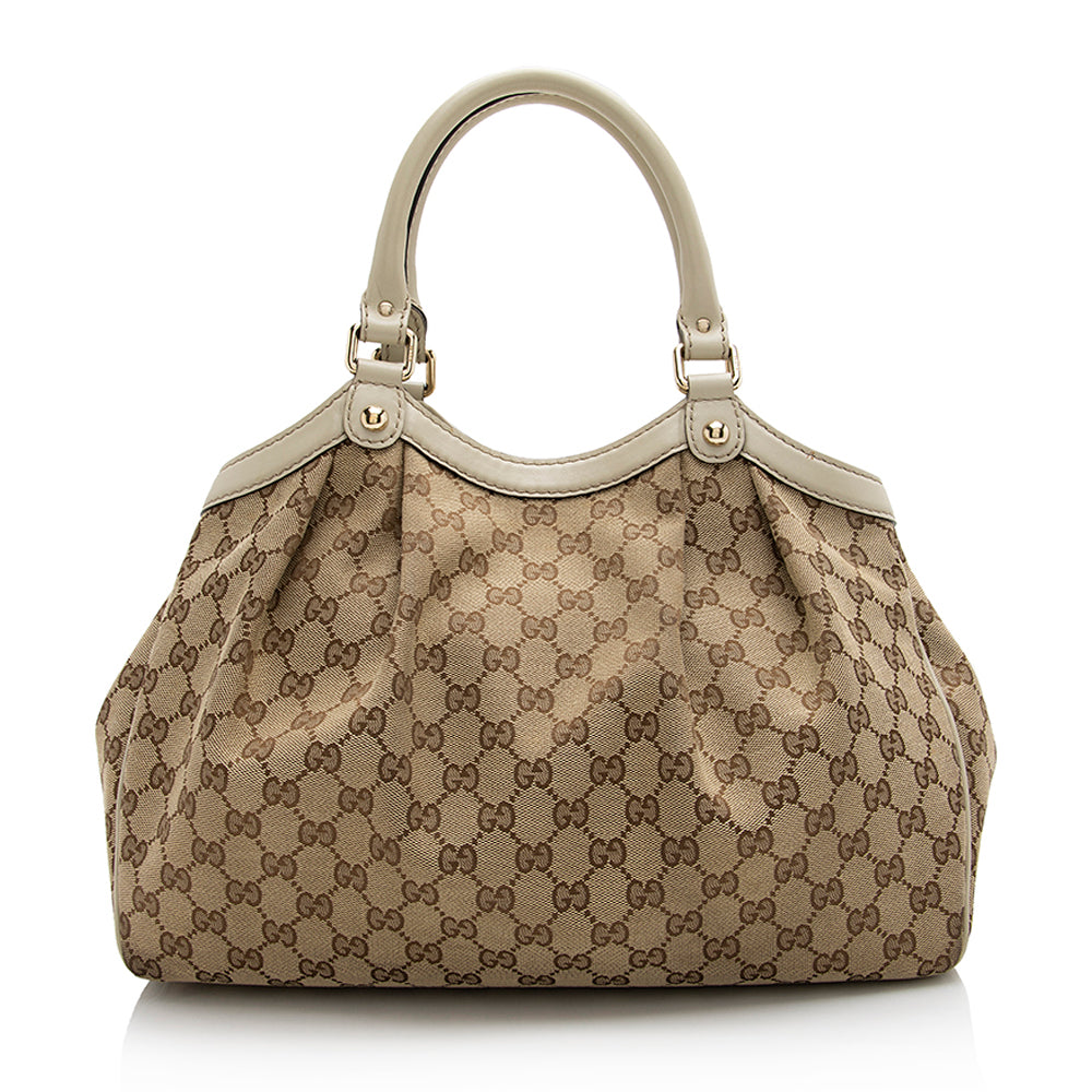 Gucci GG Sukey SHF Leather Canvas White Beige Tote Bag