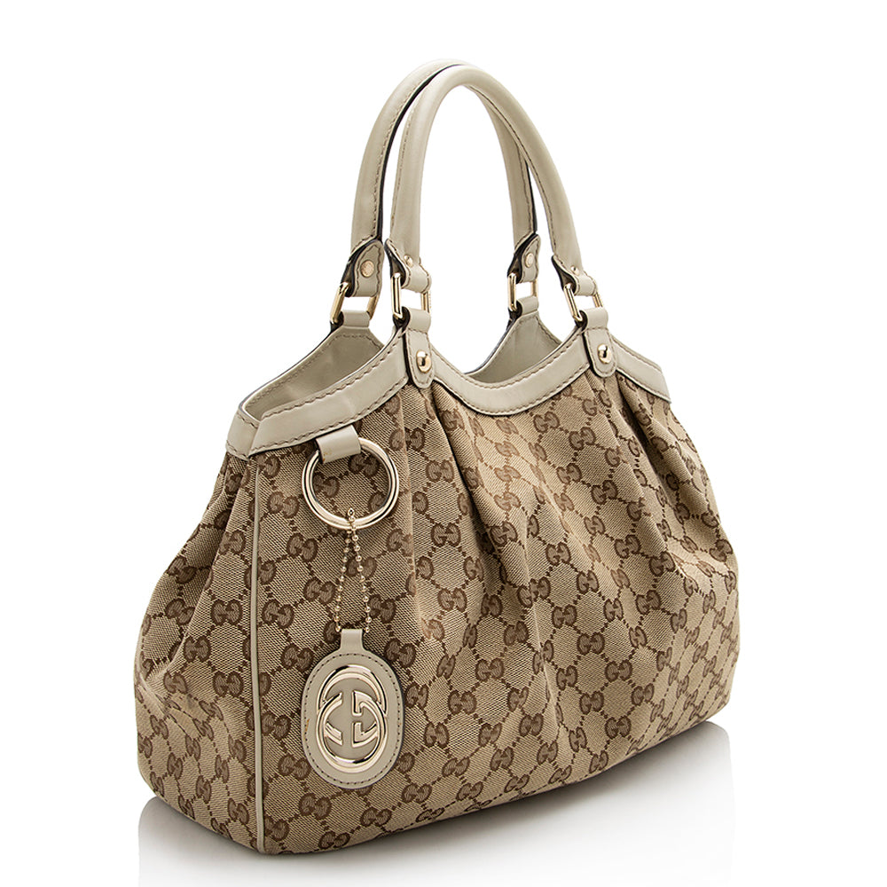 Gucci GG Sukey SHF Leather Canvas White Beige Tote Bag