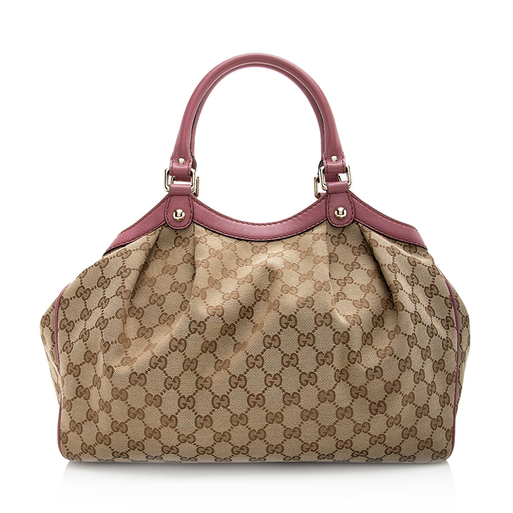 Gucci GG Sukey SHF Leather Canvas Beige Pink Tote Bag