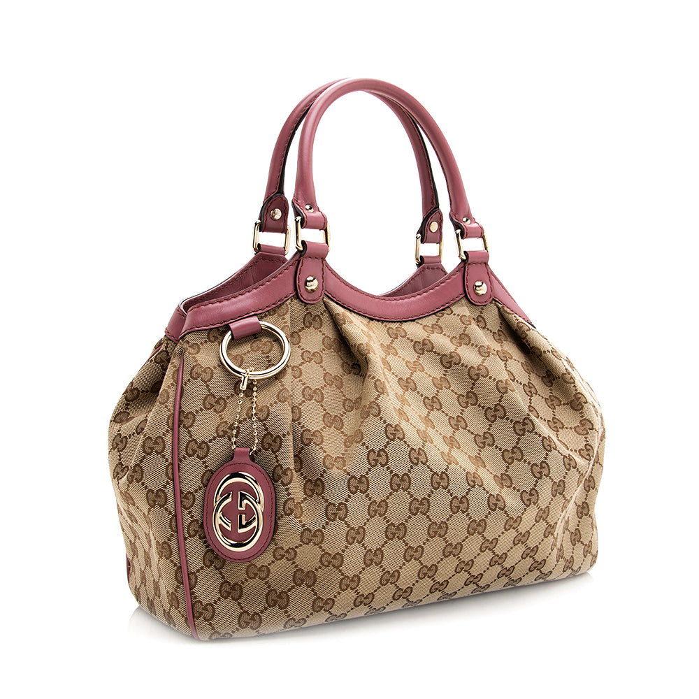 Gucci GG Sukey SHF Leather Canvas Beige Pink Tote Bag