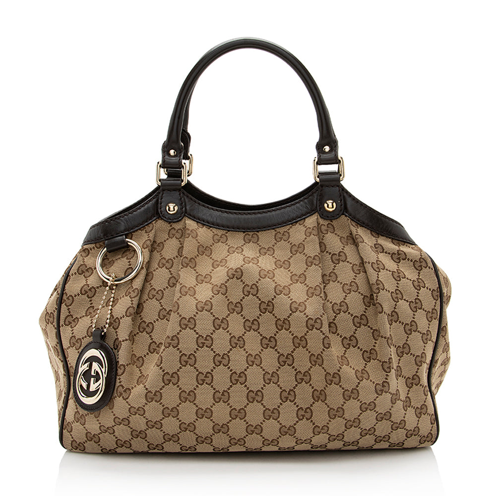 Gucci GG Sukey SHF Leather Canvas Brown Beige Tote Bag