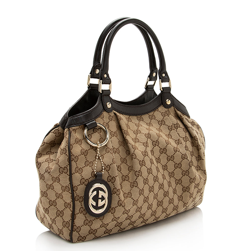 Gucci GG Sukey SHF Leather Canvas Brown Beige Tote Bag