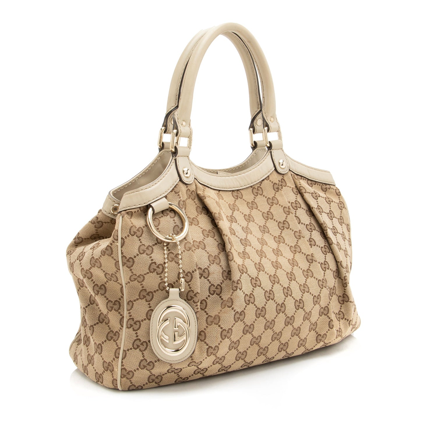 Gucci GG Sukey SHF-uAnFOn Leather Canvas White Beige Tote Bag