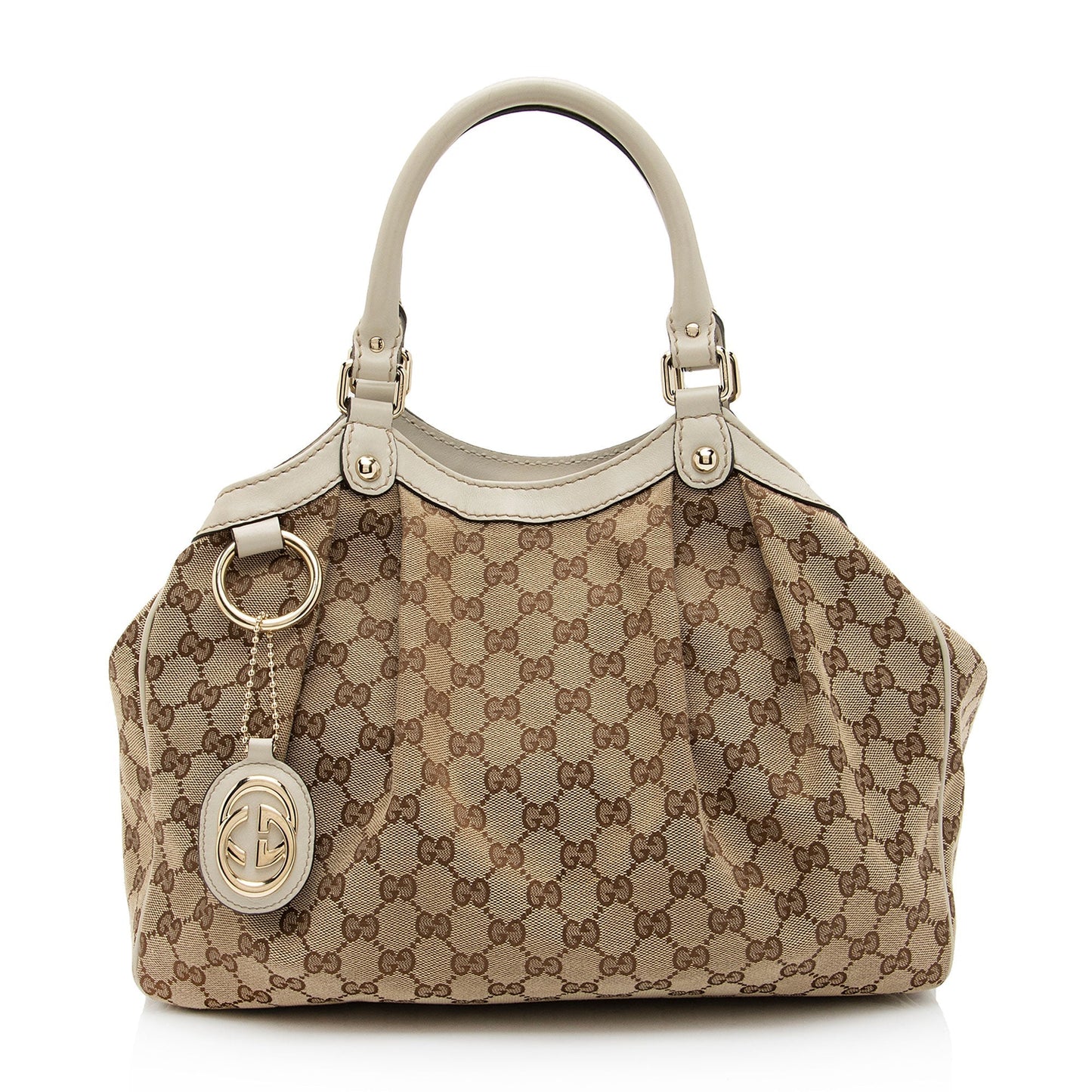 Gucci GG Sukey SHF-3eaLnU Leather Canvas White Brown Tote Bag