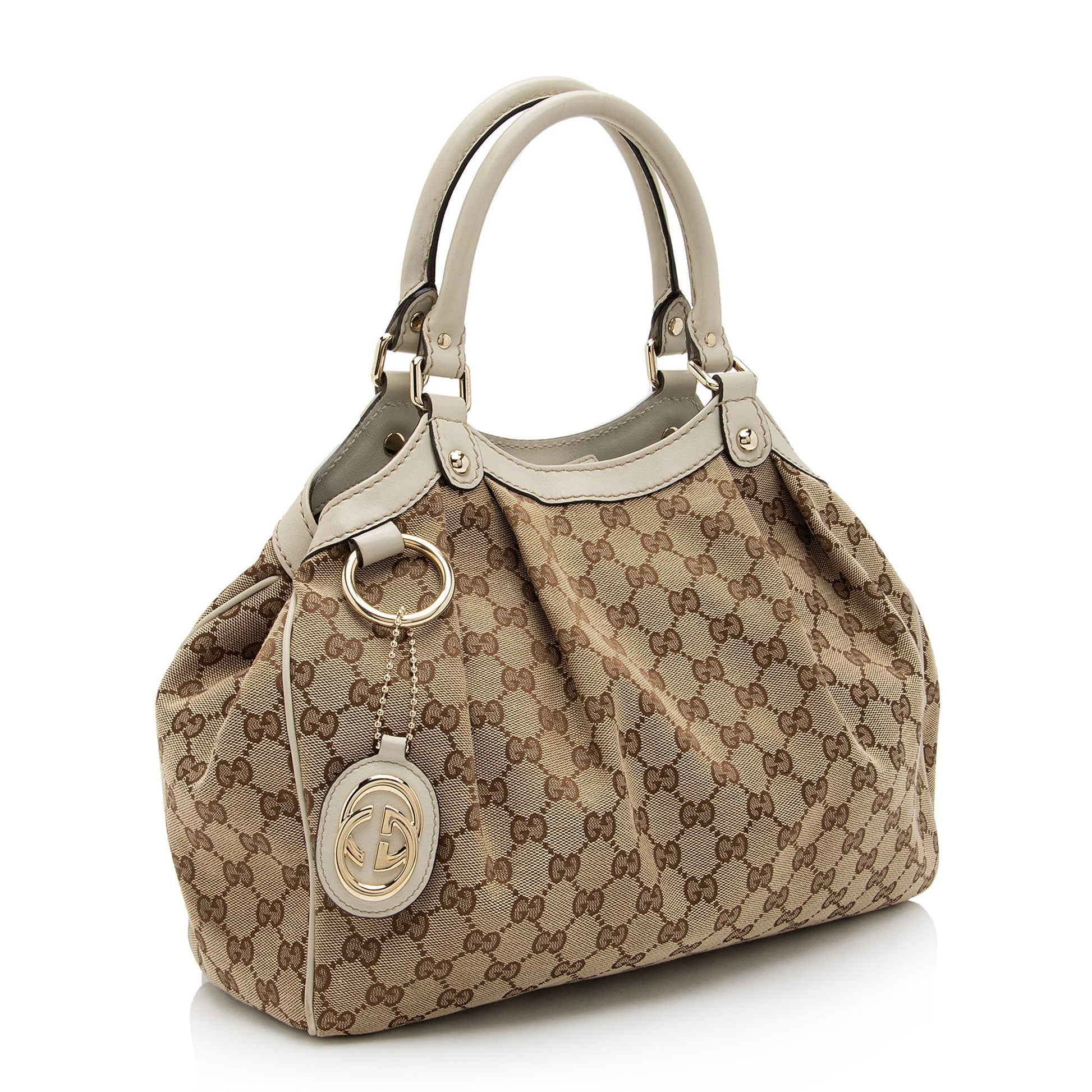 Gucci GG Sukey SHF-3eaLnU Leather Canvas White Brown Tote Bag