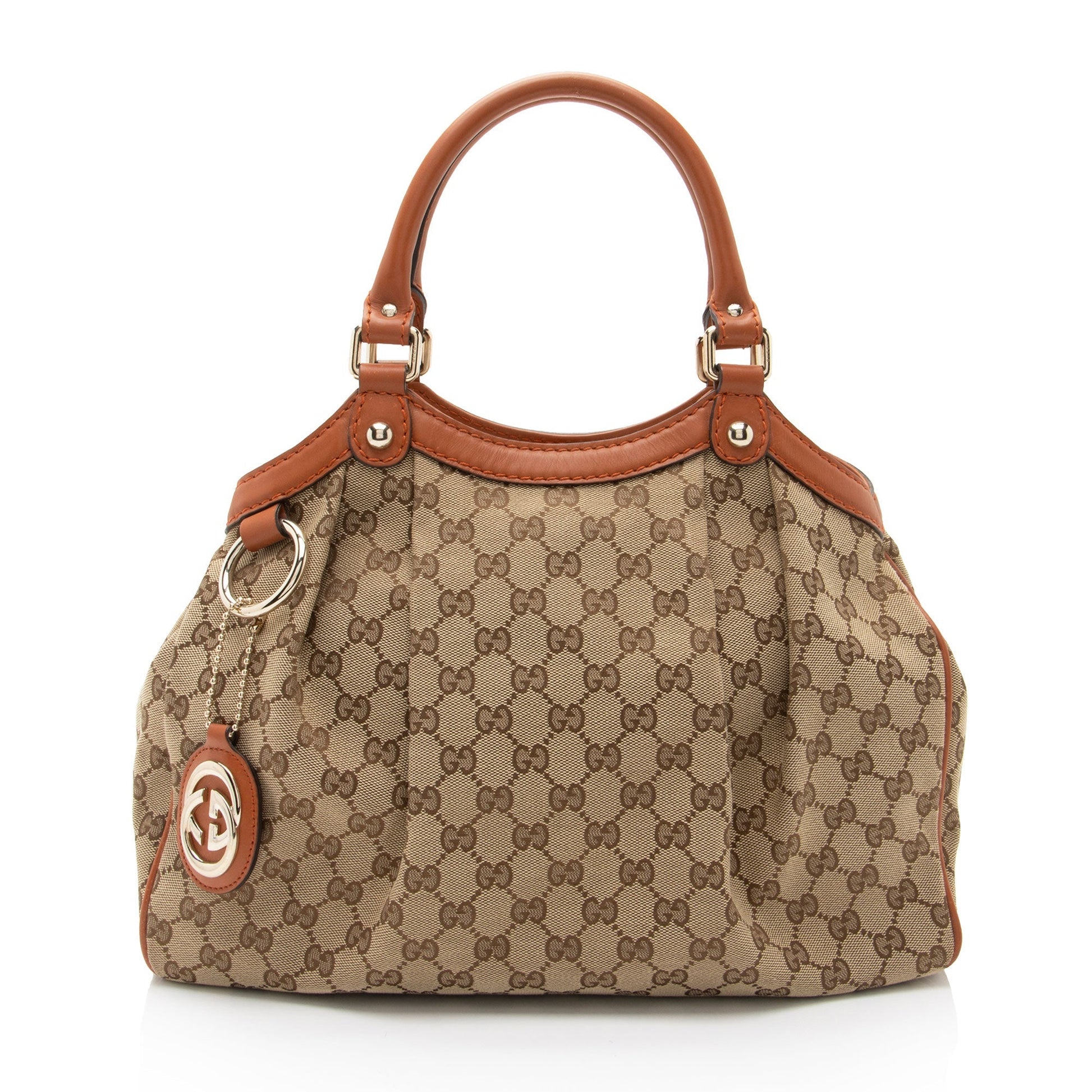 Gucci GG Sukey SHF-Prk73B Leather Canvas Beige Orange Tote Bag
