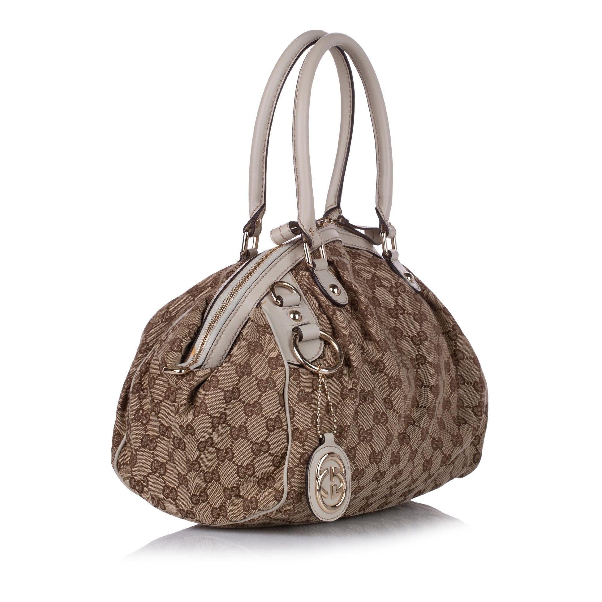 Gucci GG Sukey SHG Canvas Calf White Brown Satchel Bag