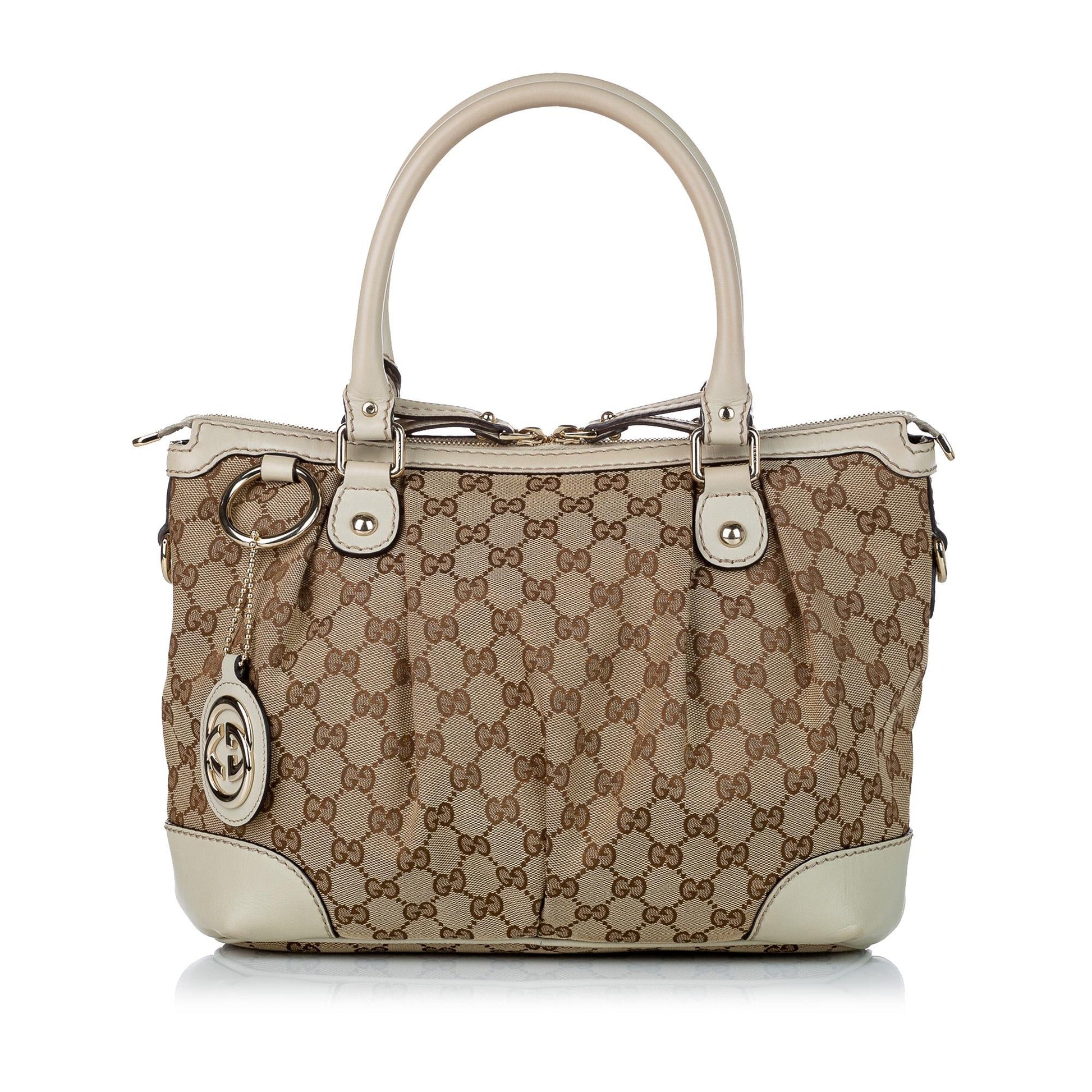 Gucci GG Sukey SHG Canvas Calf White Brown Satchel Bag Satchel Shg