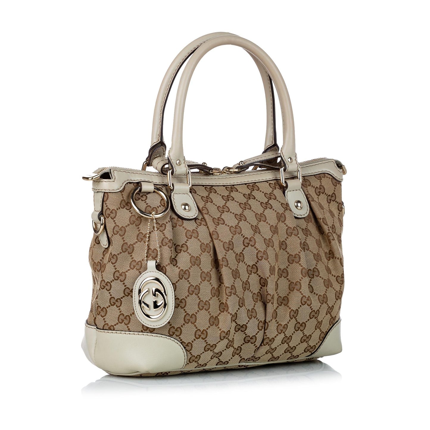 Gucci GG Sukey SHG Canvas Calf White Brown Satchel Bag Satchel Shg