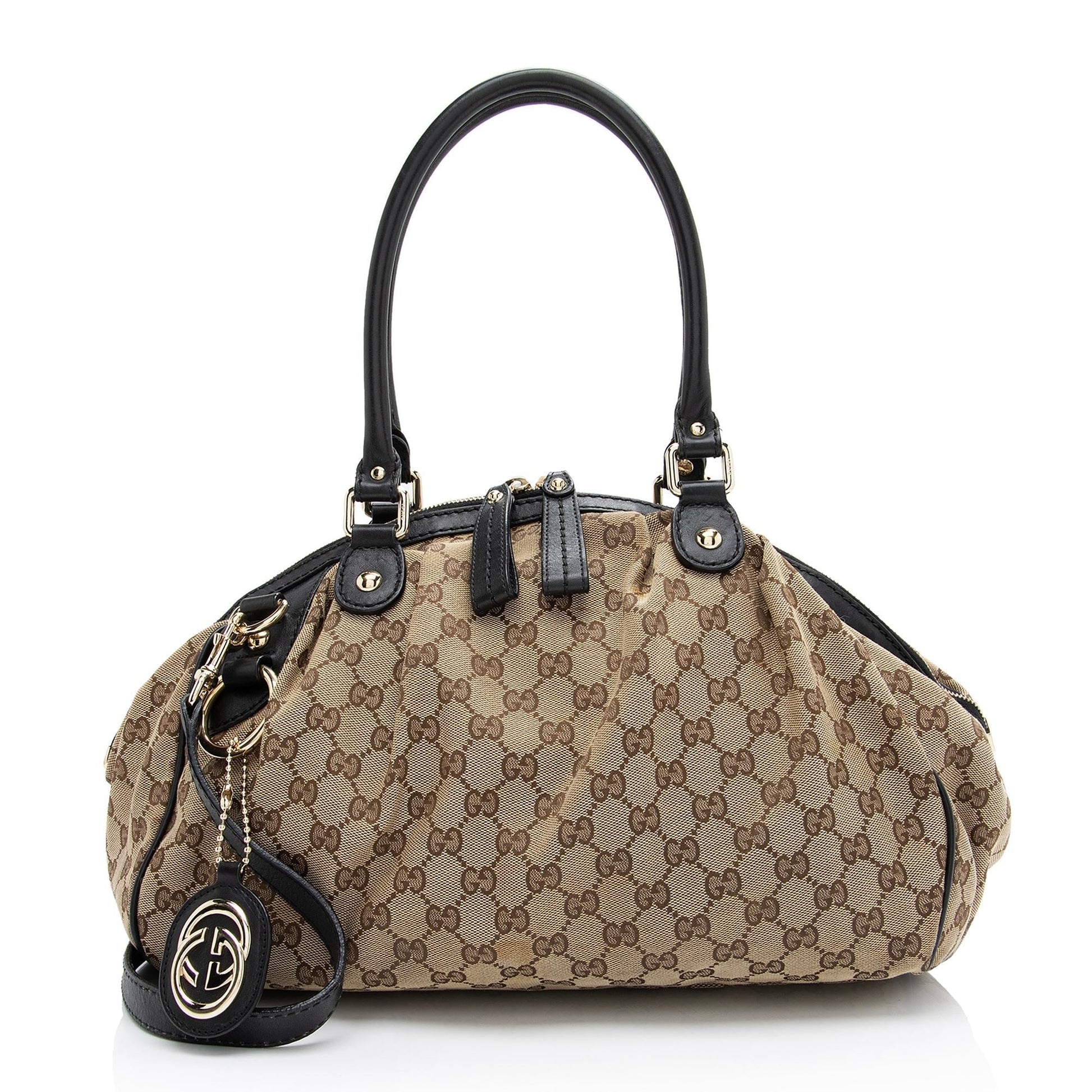 Gucci GG Sukey SHF-MbcWBL Leather Canvas Black Beige Satchel Bag