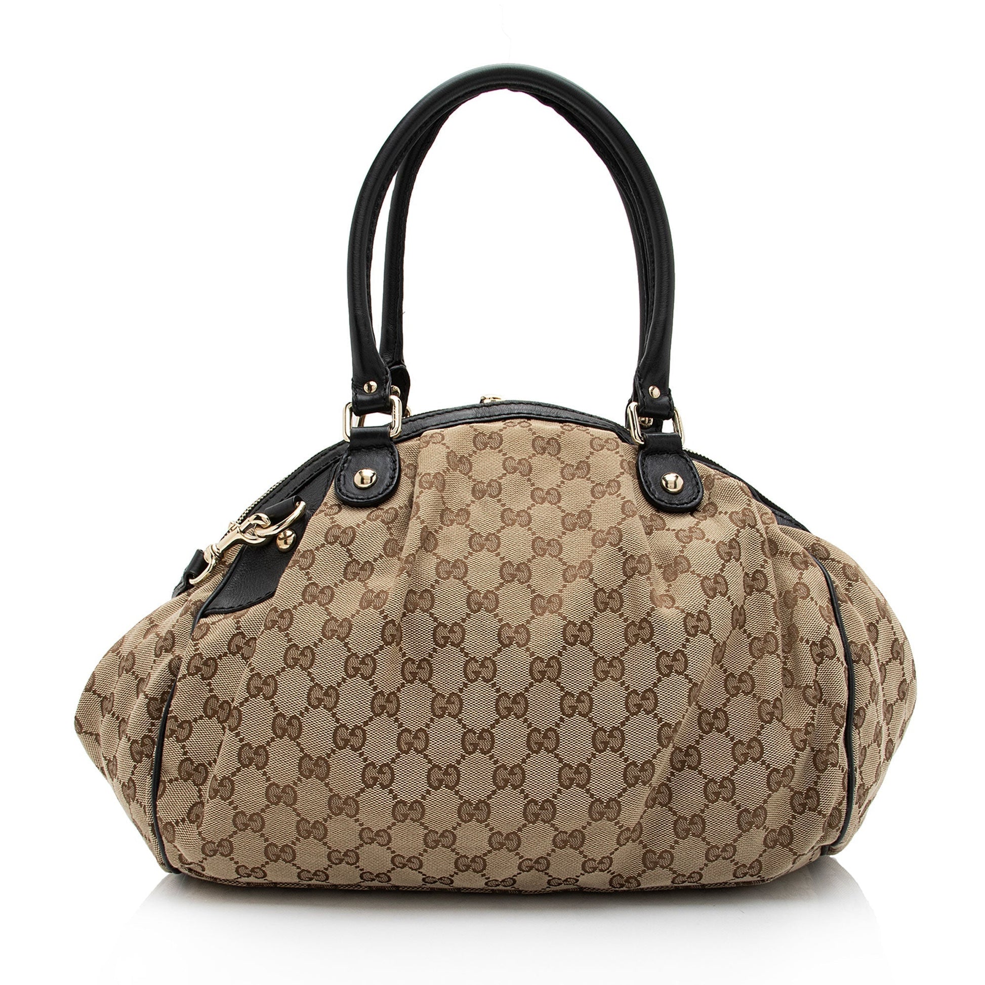 Gucci GG Sukey SHF-sH4xON Leather Canvas Black Beige Satchel Bag