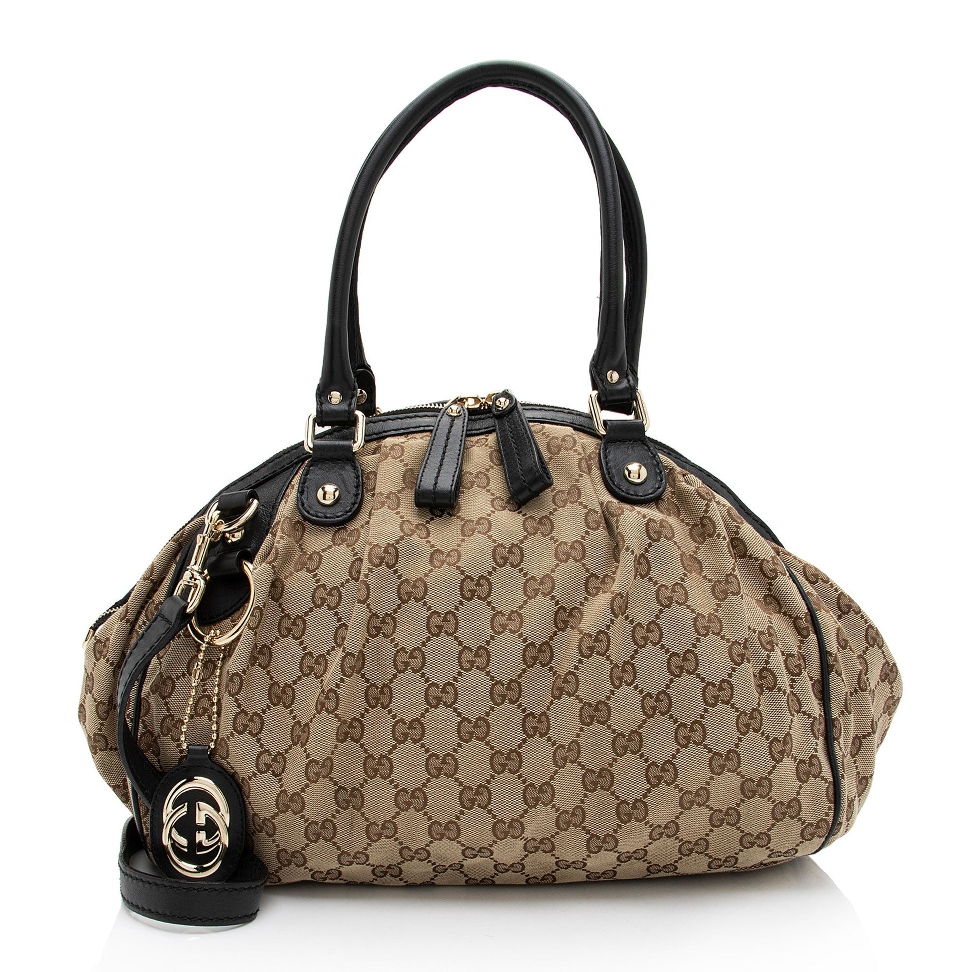 Gucci GG Sukey SHF-sH4xON Leather Canvas Black Beige Satchel Bag