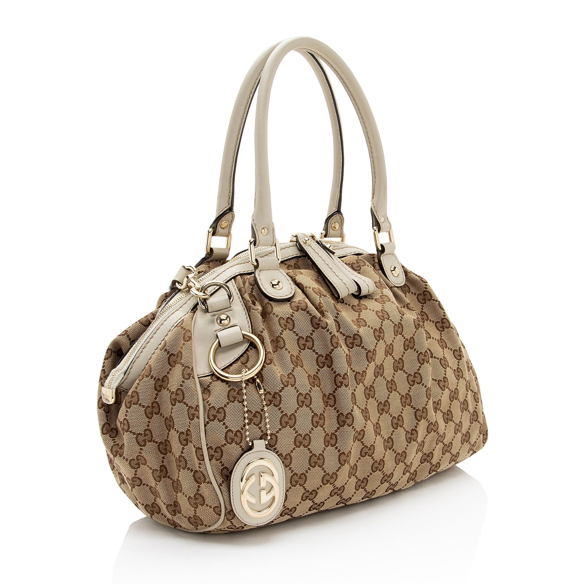 Gucci GG Sukey SHF-sAq51n Leather Canvas White Beige Satchel Bag