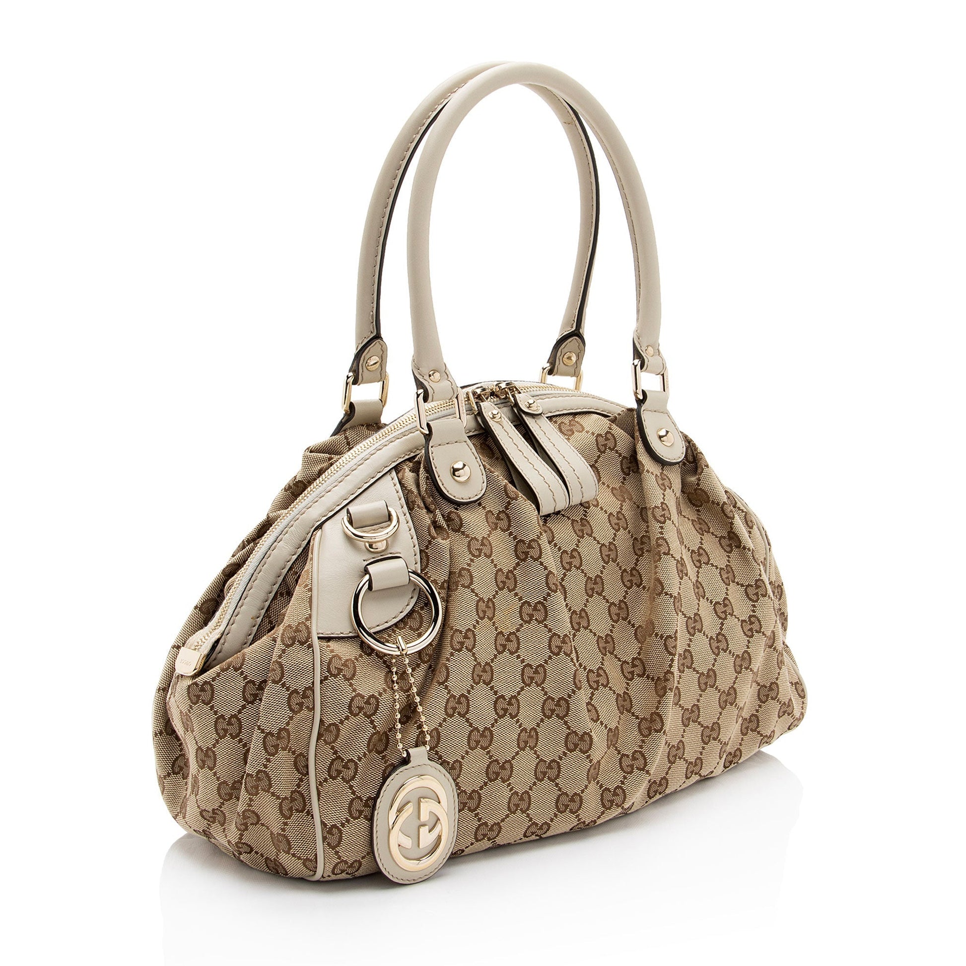 Gucci GG Sukey SHF-SQFOq5 Leather Canvas White Beige Satchel Bag