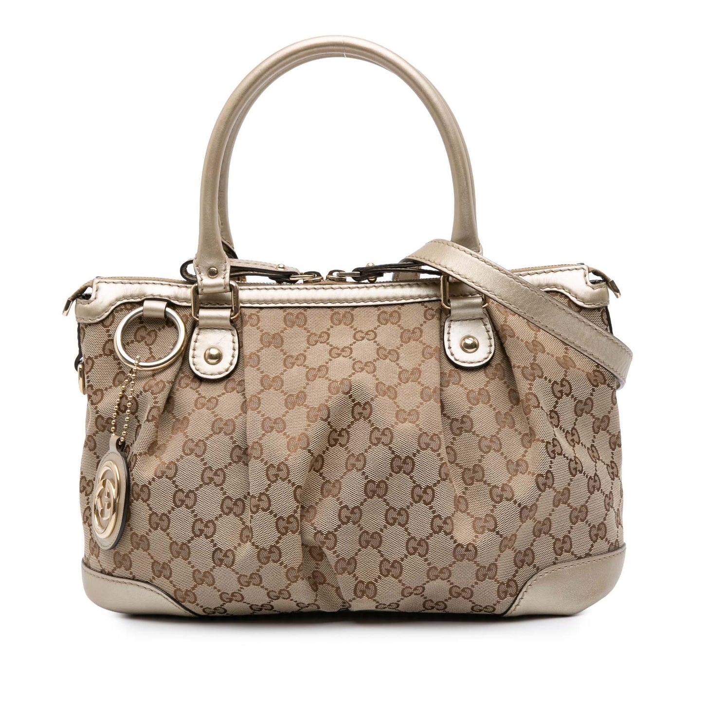 Gucci GG Sukey Canvas Calf Brown Gold Satchel Bag