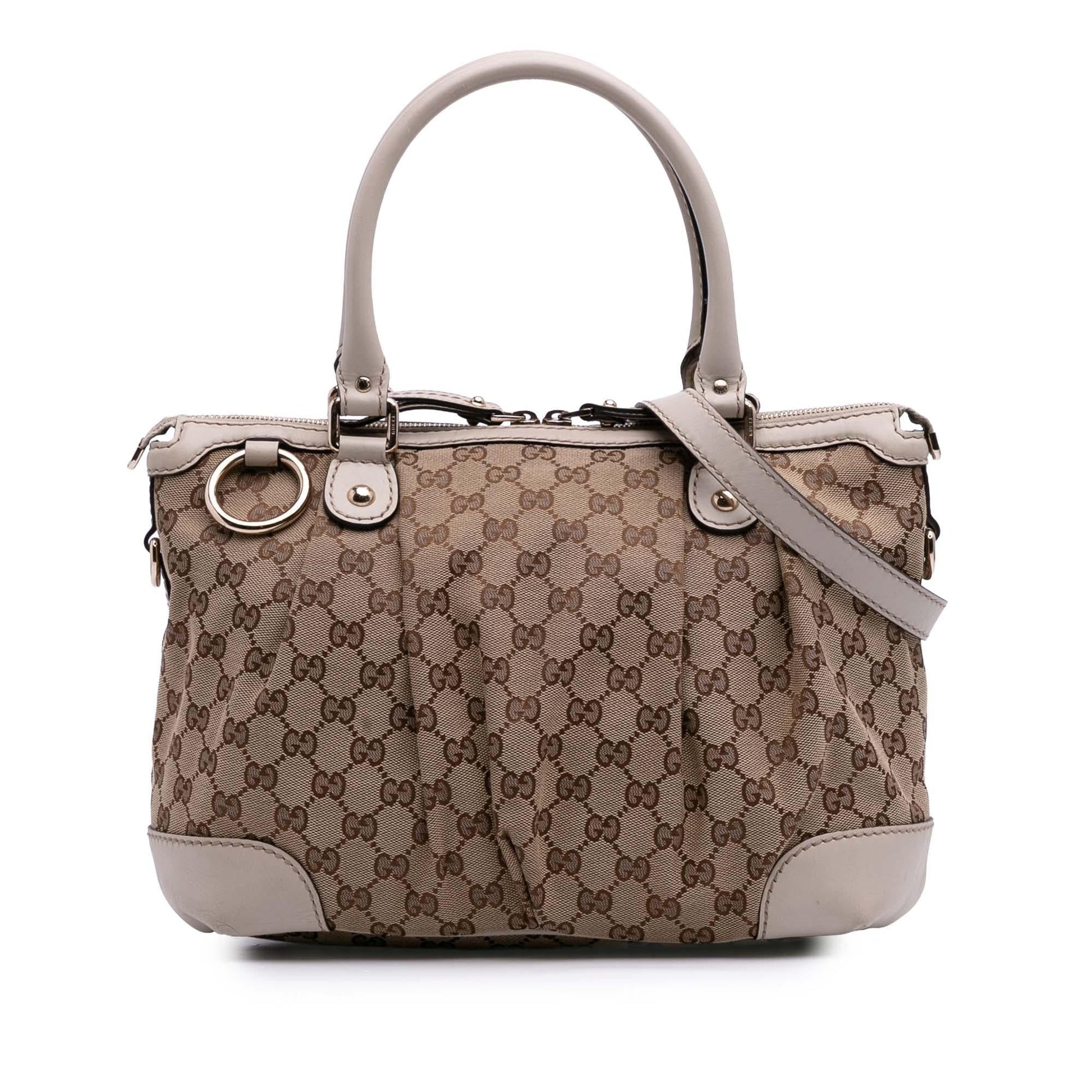 Gucci GG Sukey Canvas Calf White Brown Satchel Bag