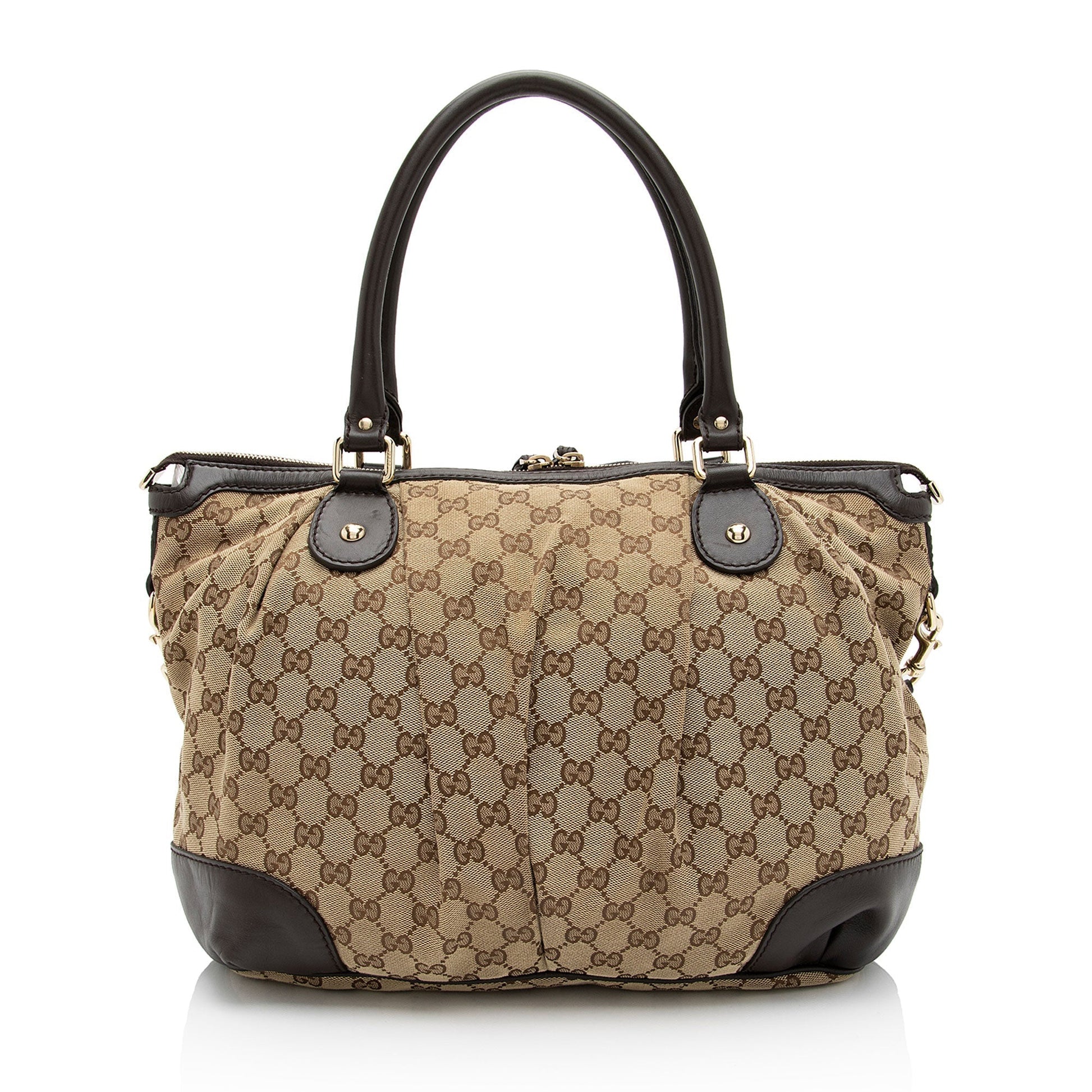 Gucci GG Sukey Top Handle SHF-UQfjnb Leather Canvas Brown Beige Satchel Bag