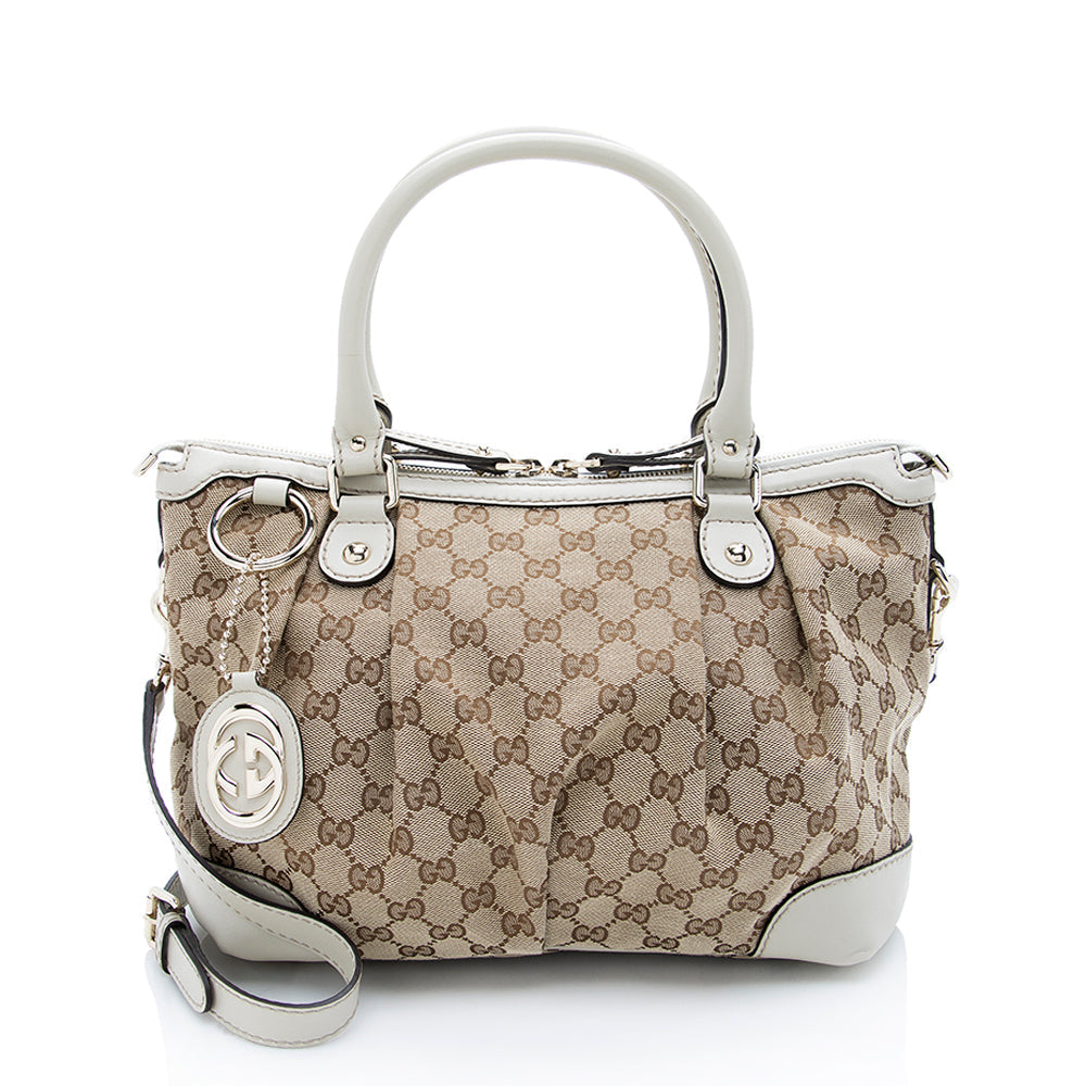 Gucci GG Sukey Top Handle SHF Leather Canvas Beige Medium Satchel Bag