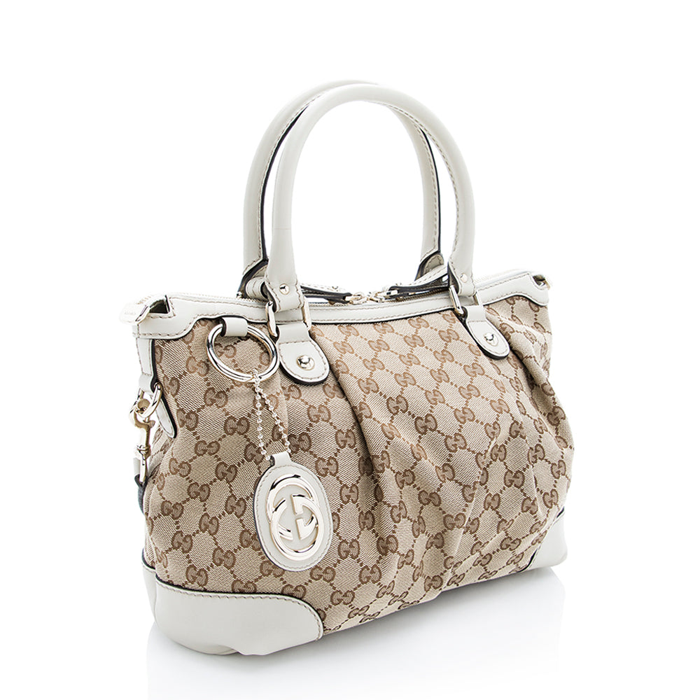 Gucci GG Sukey Top Handle SHF Leather Canvas Beige Medium Satchel Bag