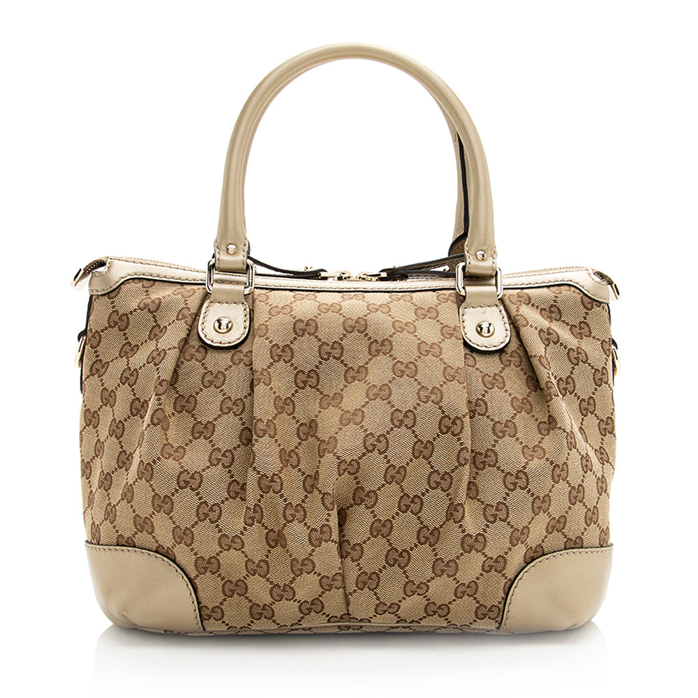 Gucci GG Sukey Top Handle SHF Leather Canvas Beige Gold Satchel Bag