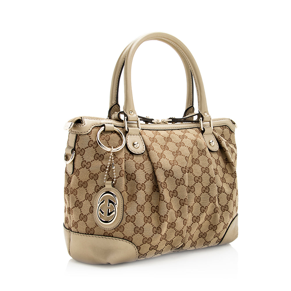 Gucci GG Sukey Top Handle SHF Leather Canvas Beige Gold Satchel Bag