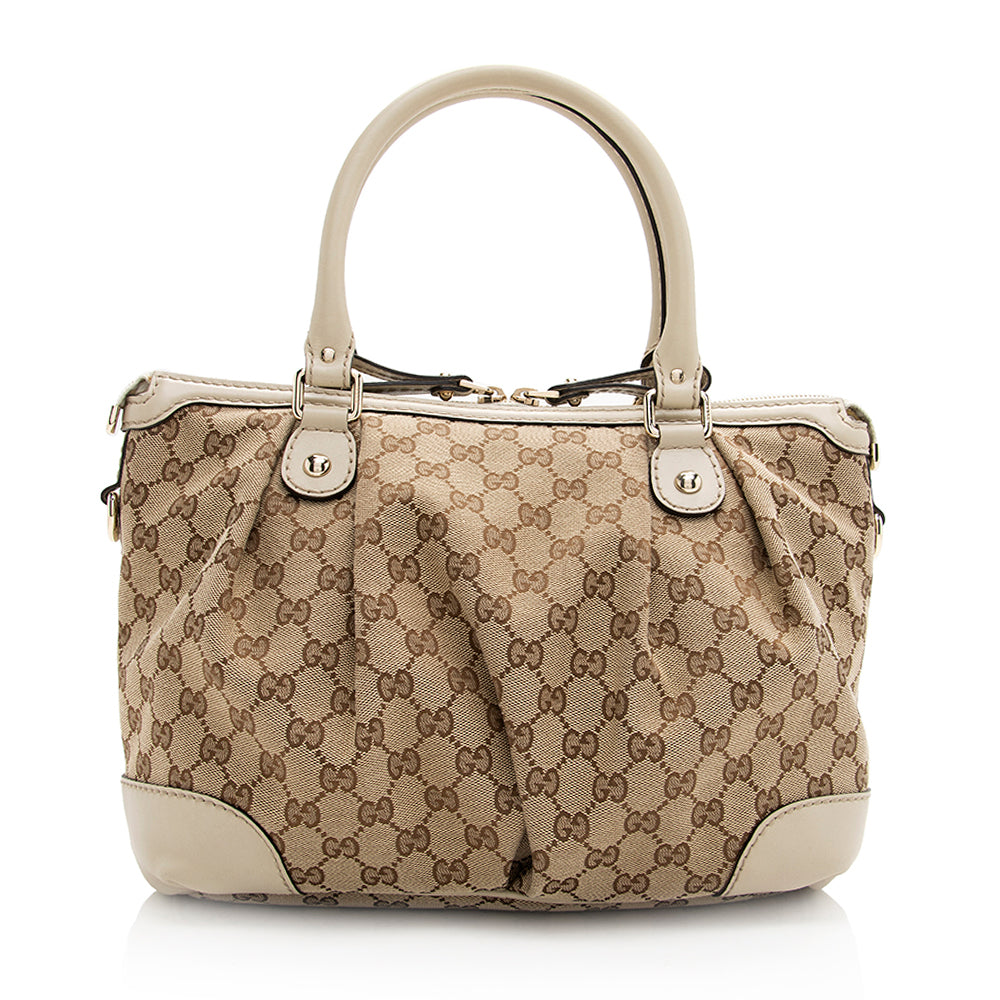 Gucci GG Sukey Top Handle SHF Leather Canvas White Beige Satchel Bag